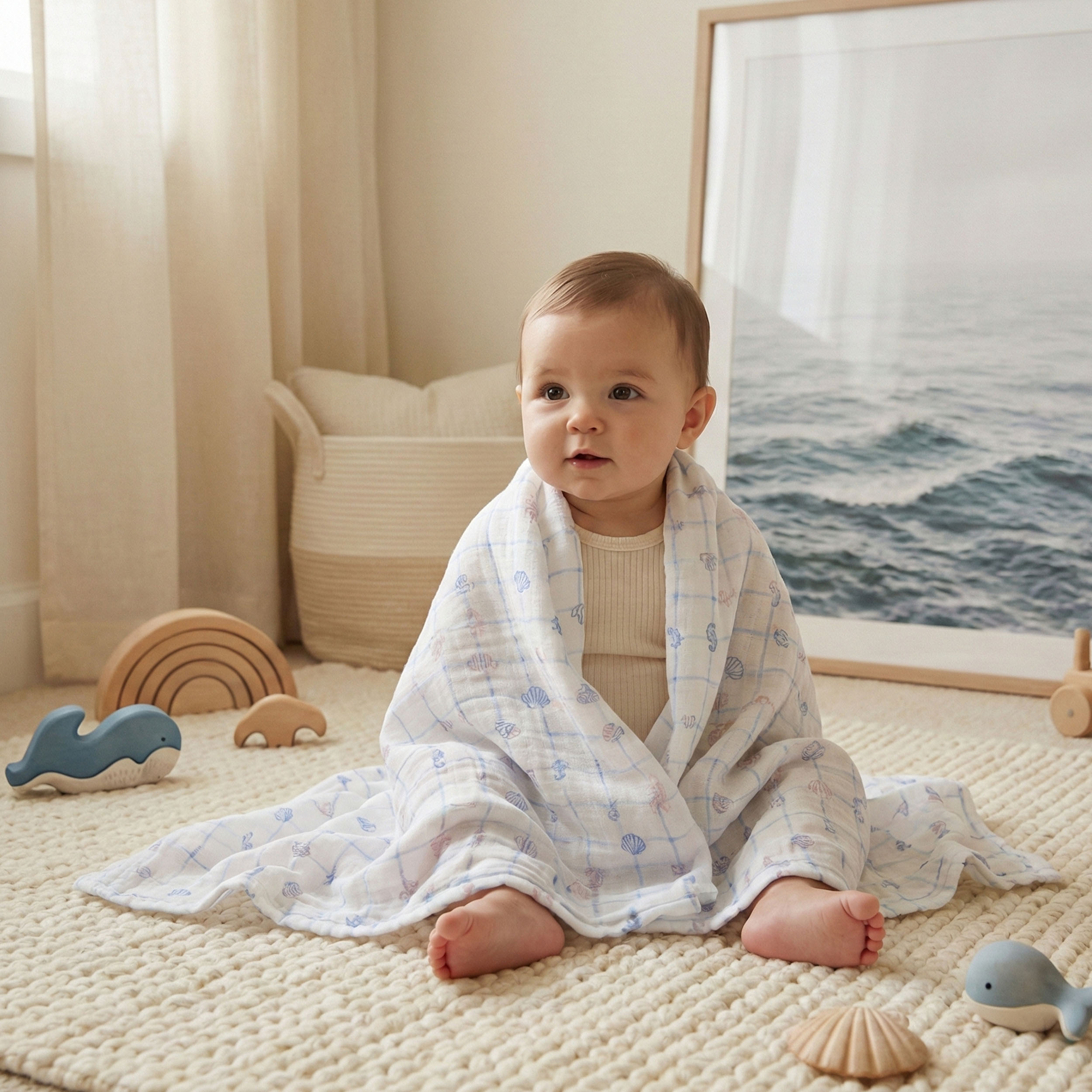 Muslin Swaddle Blankets 4-Pack | 35"x40" | Ocean Whimsy