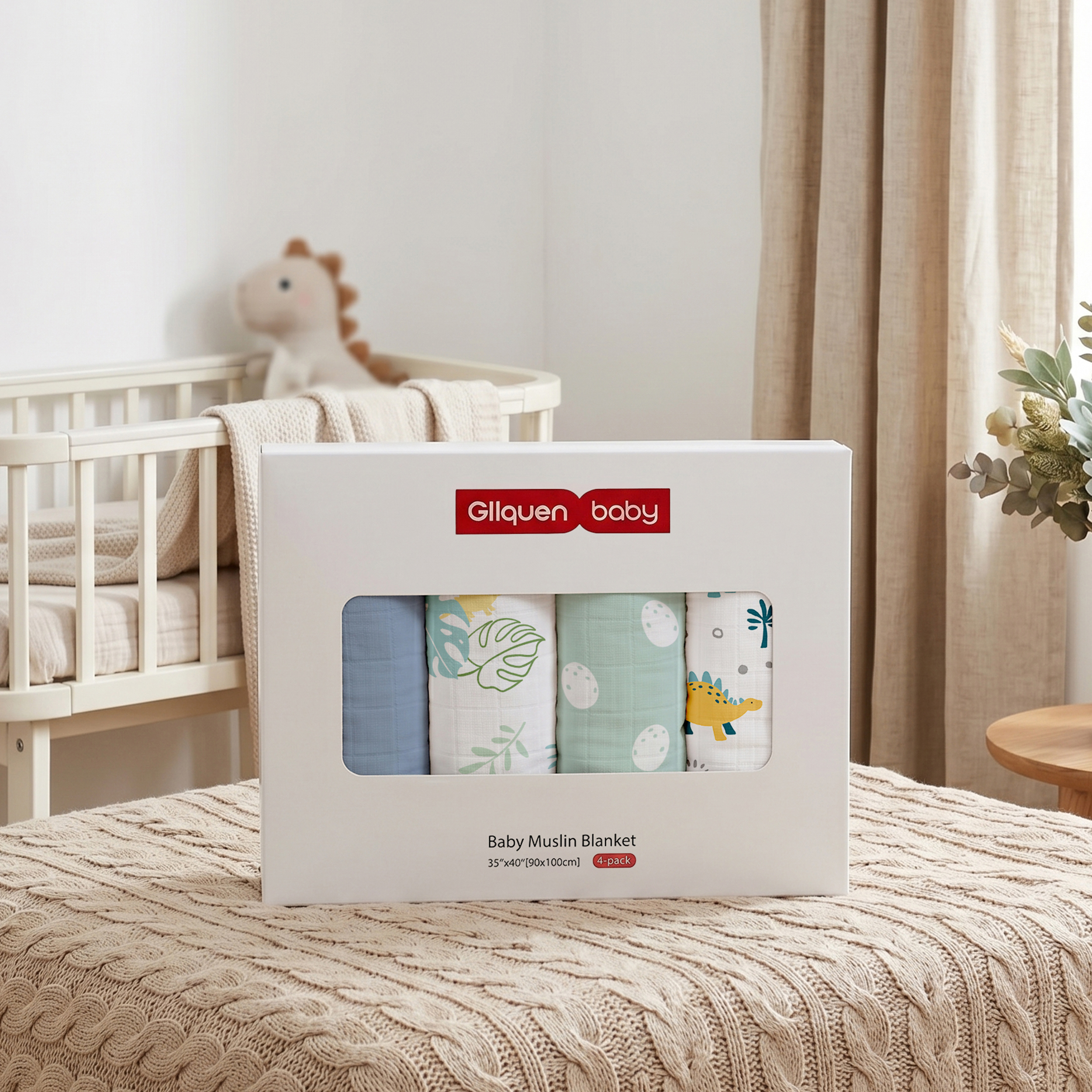 Muslin Swaddle Blankets 4-Pack | 35"x40" | Tropical Dino  Print