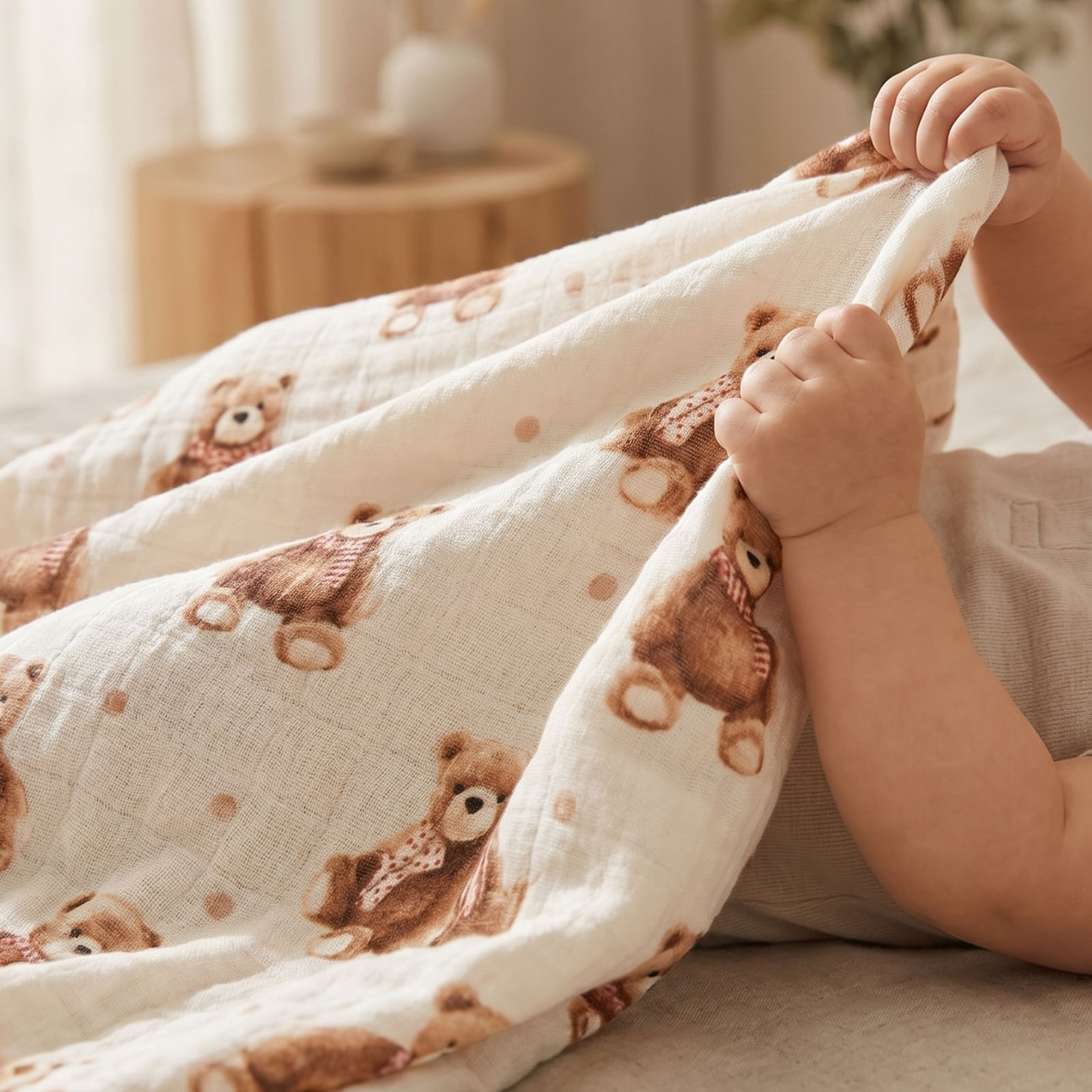 Muslin Swaddle Blankets 4-Pack | 31.5x43.3" | Creamy Ribbon Teddy