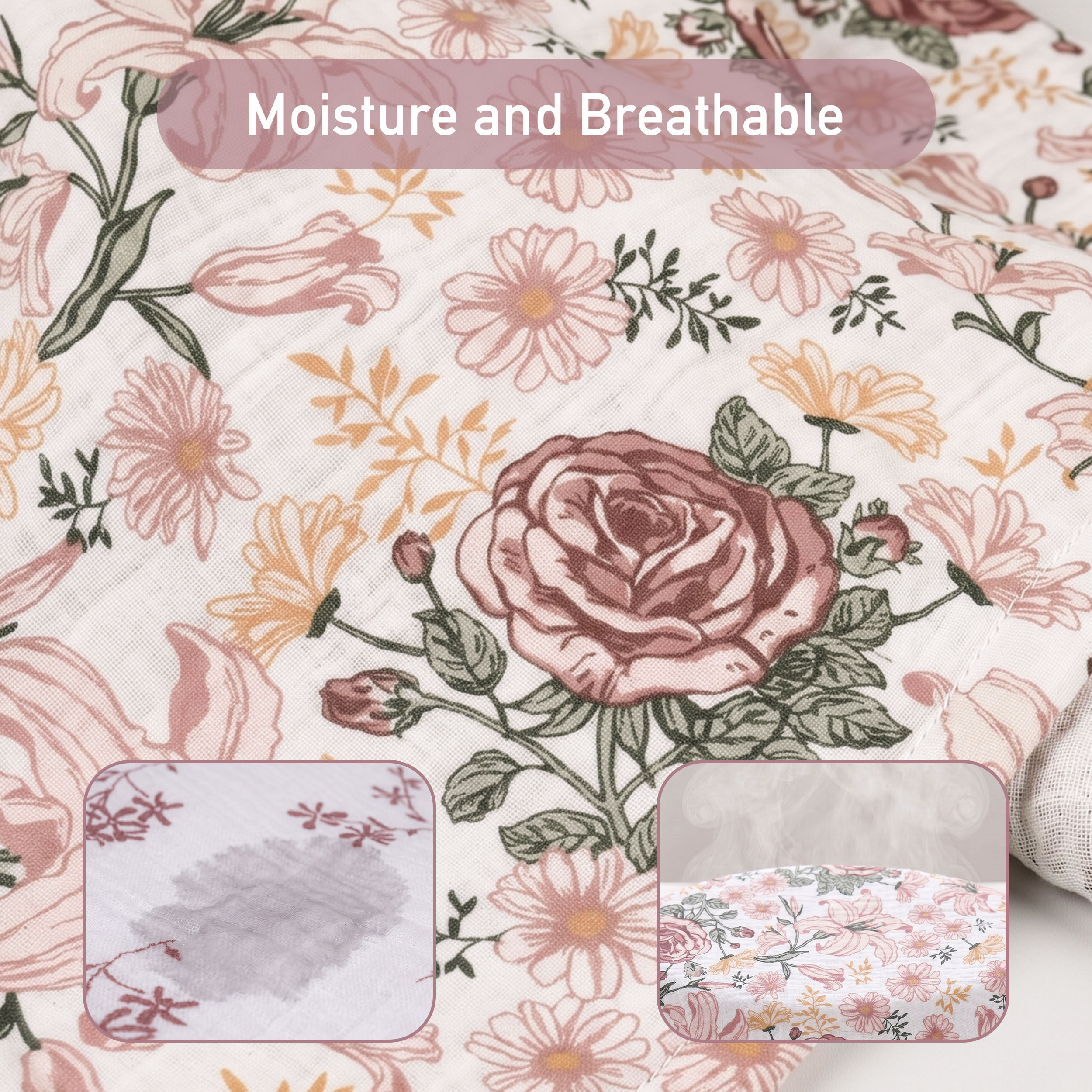 Muslin Swaddle Blankets 3-Pack | 38"x40" | Vintage Rose Serenade