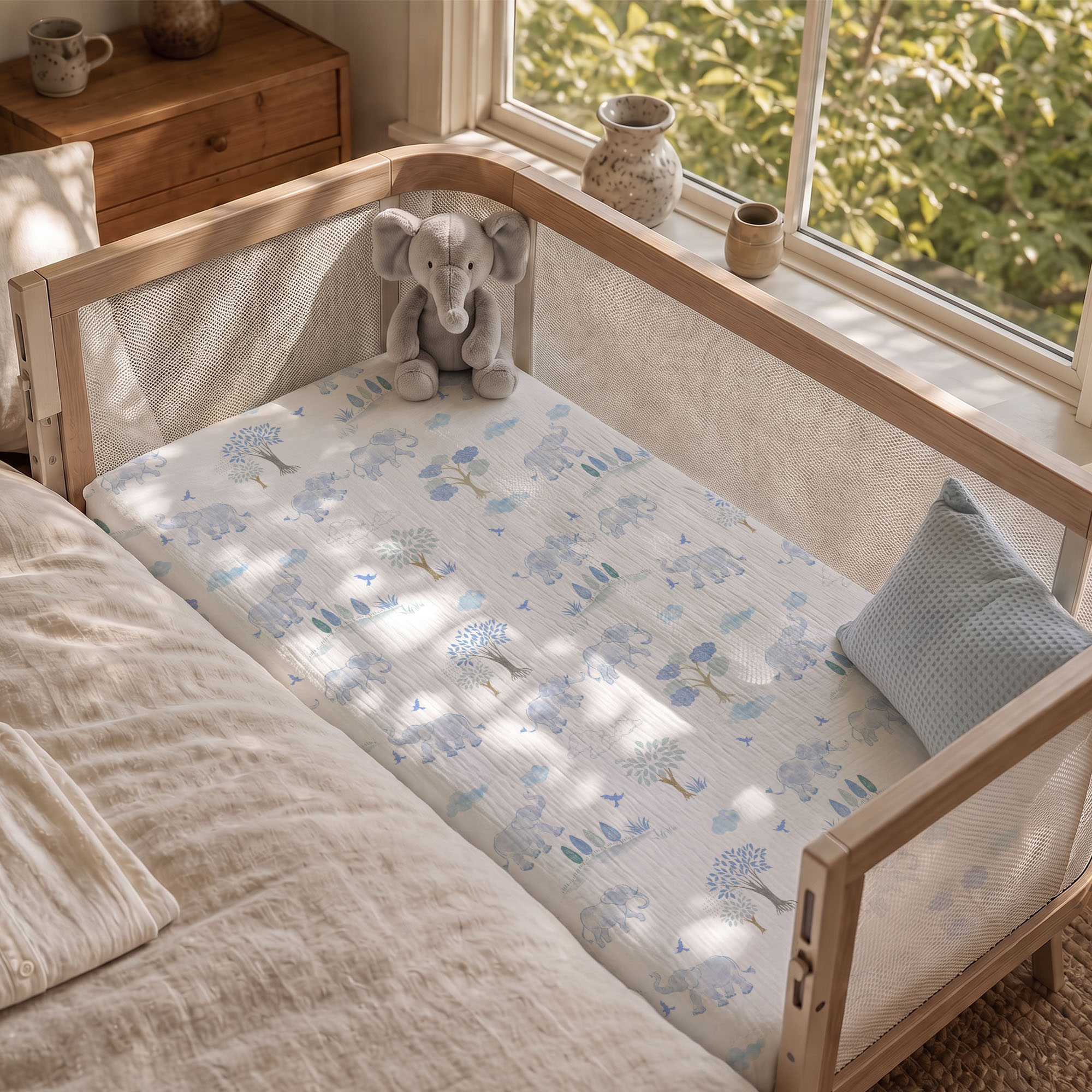 Blue Elephant Safari | Muslin Bassinet Sheet 3-Pack | 33''*20''