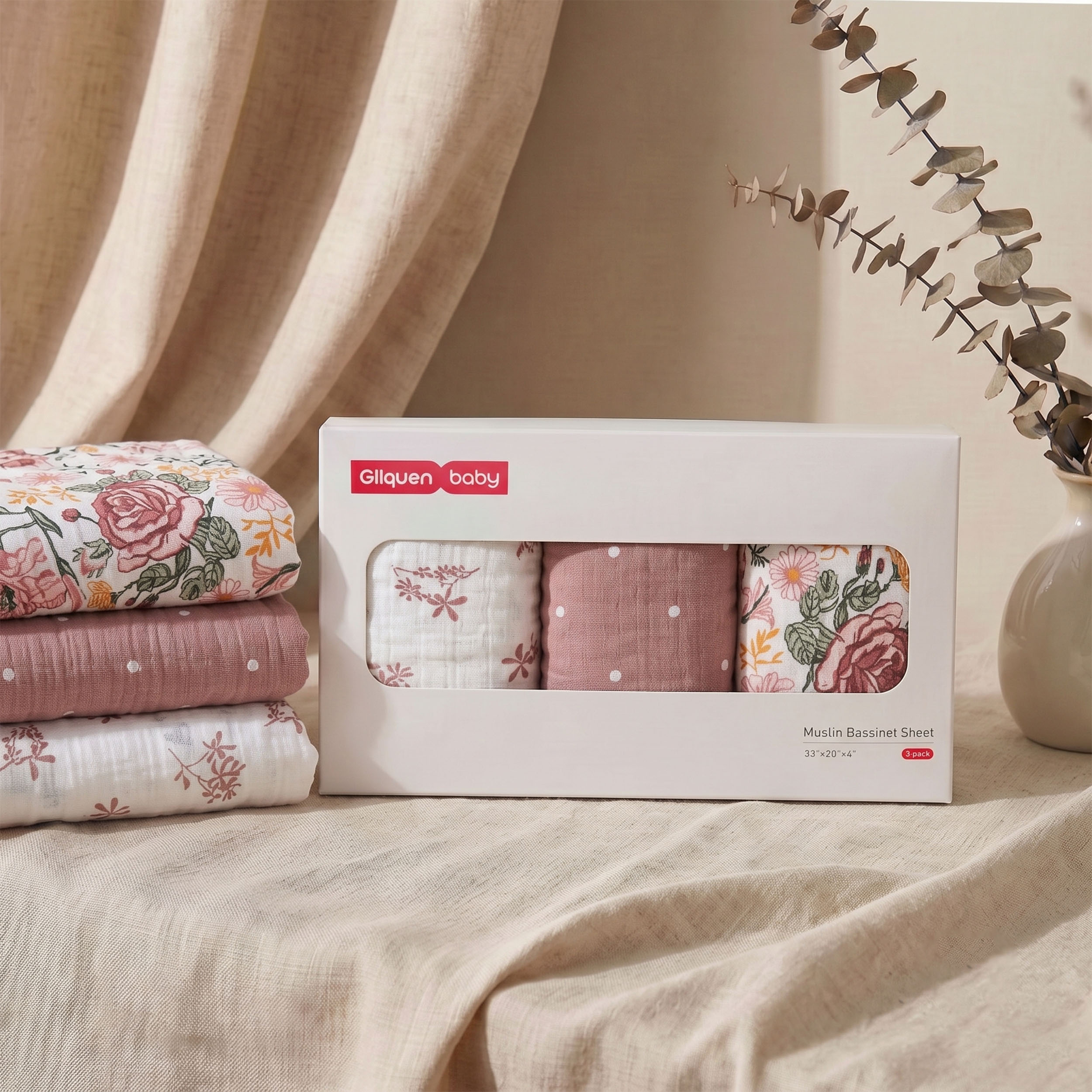 Vintage Rose Serenade | Muslin Bassinet Sheet 3-Pack | 33''*20''