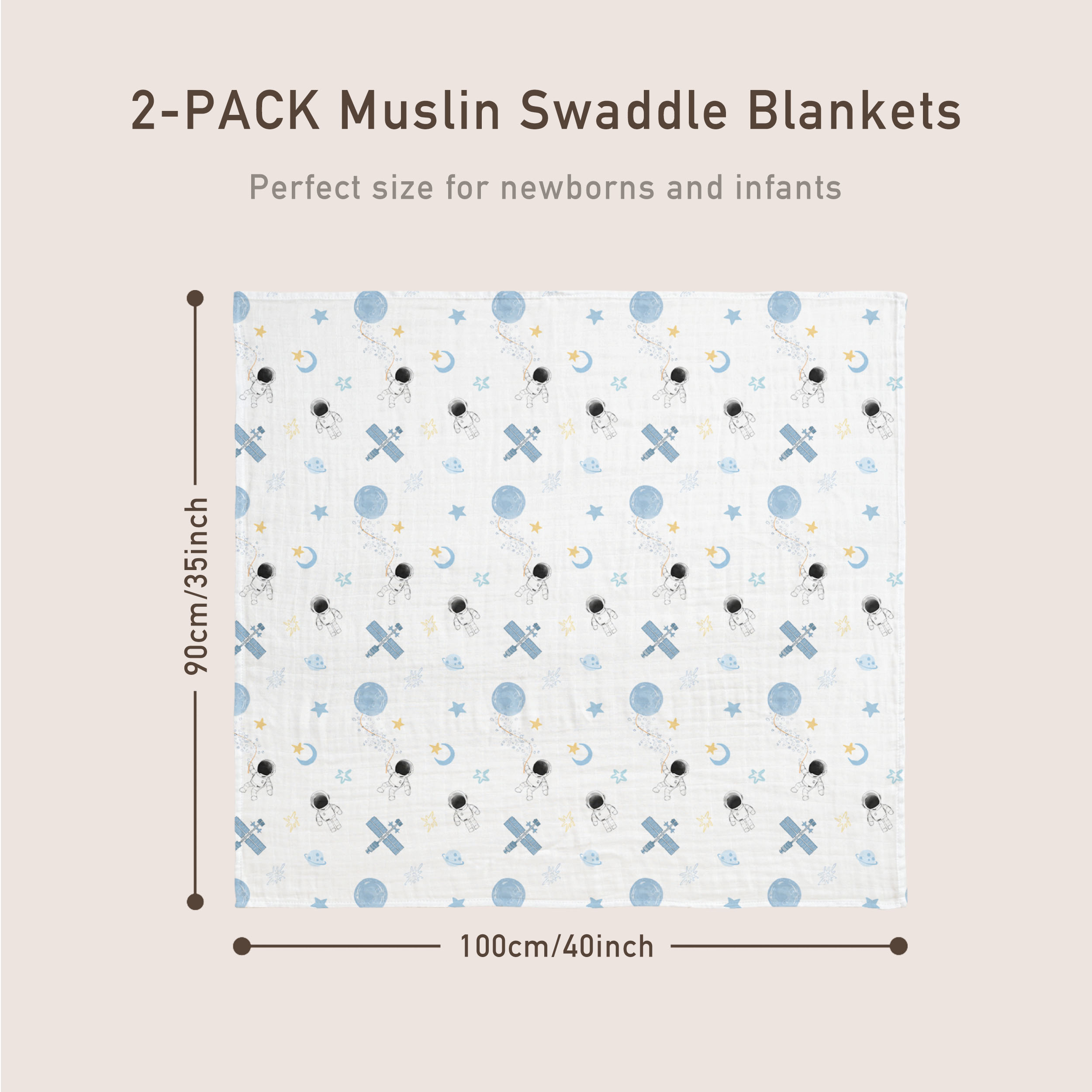 Muslin Swaddle Blankets 2-Pack | 35"x40" | Astronaut