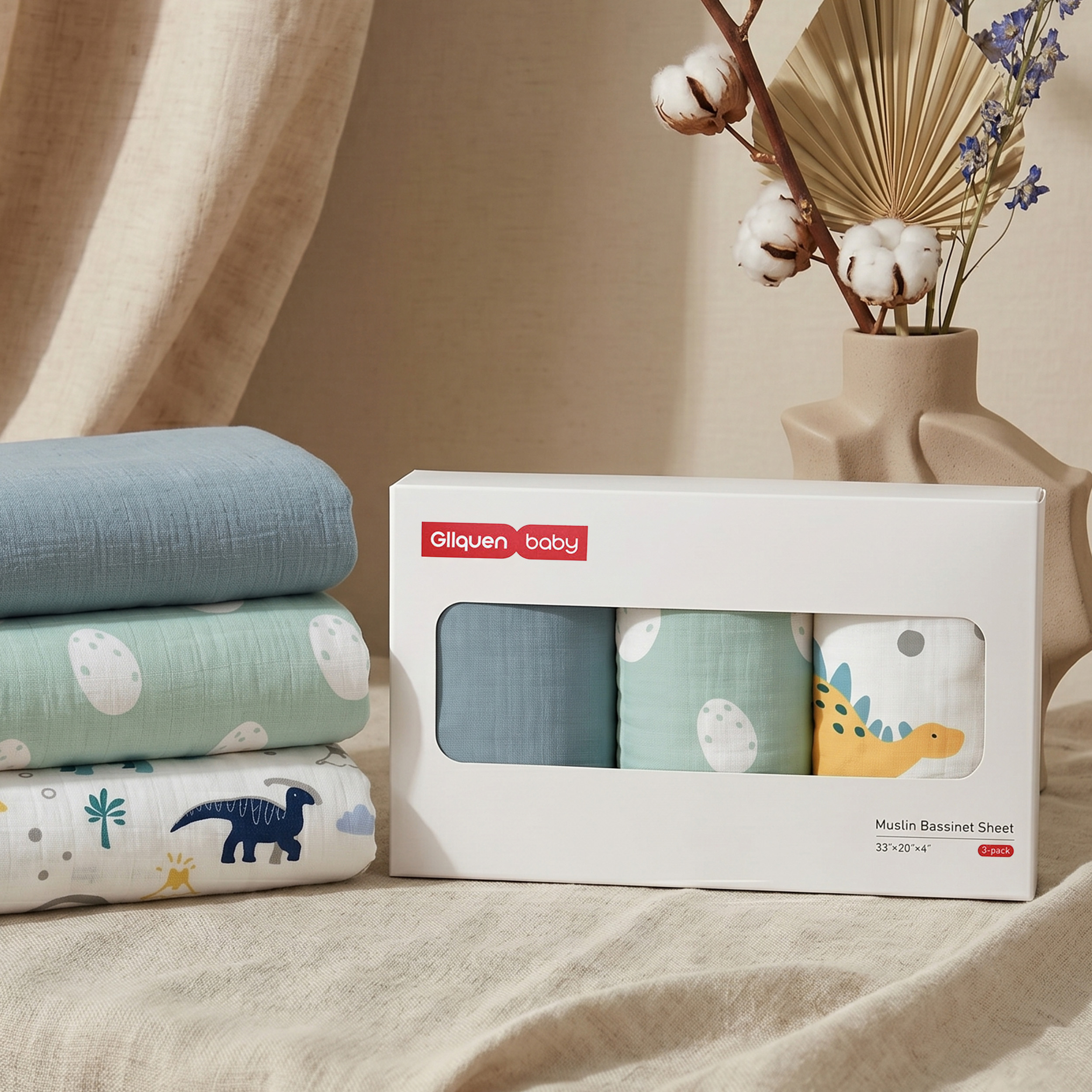 Tropical Dino  Print | Muslin Bassinet Sheet 3-Pack | 33''*20''