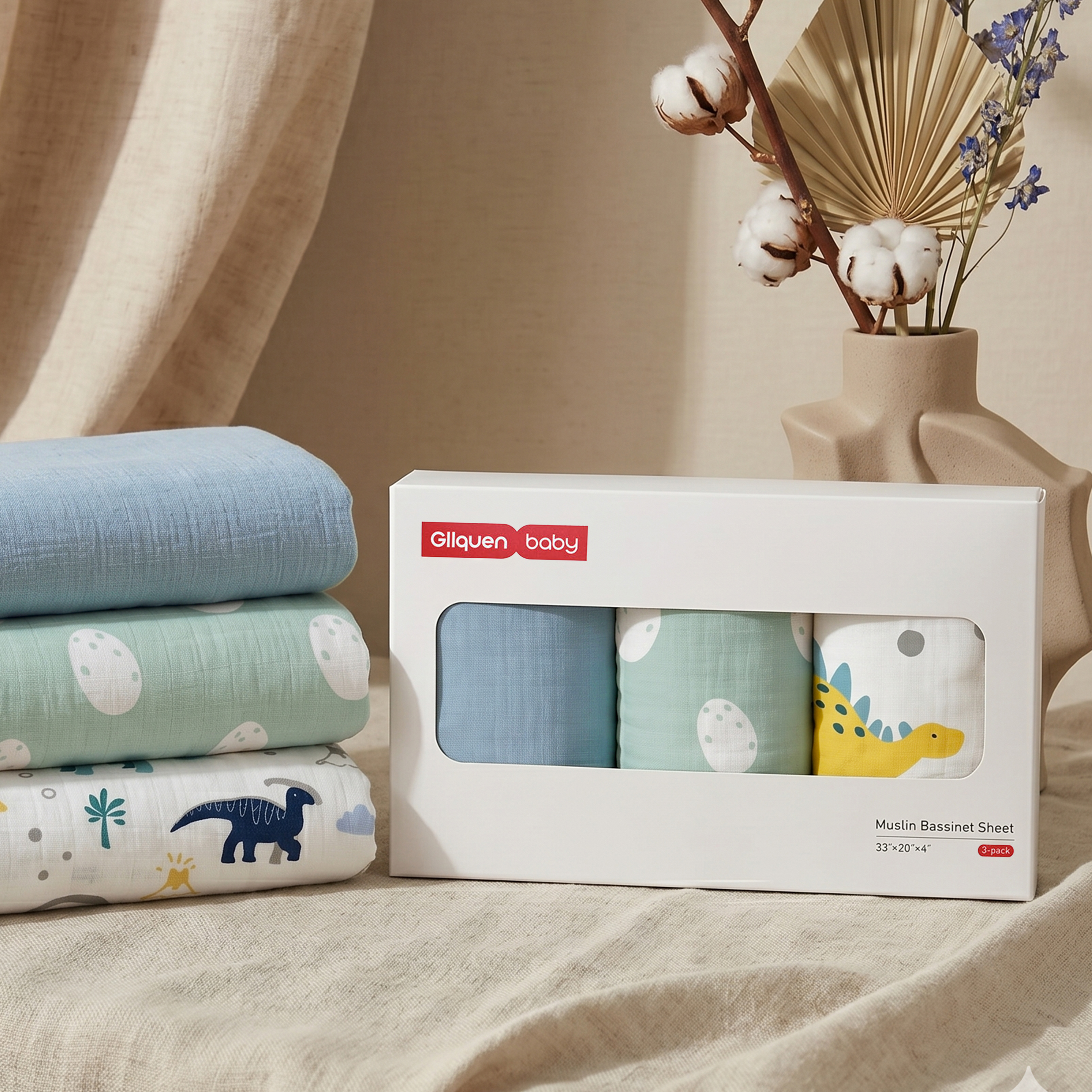 Tropical Dino  Print | Muslin Bassinet Sheet 3-Pack | 33''*20''