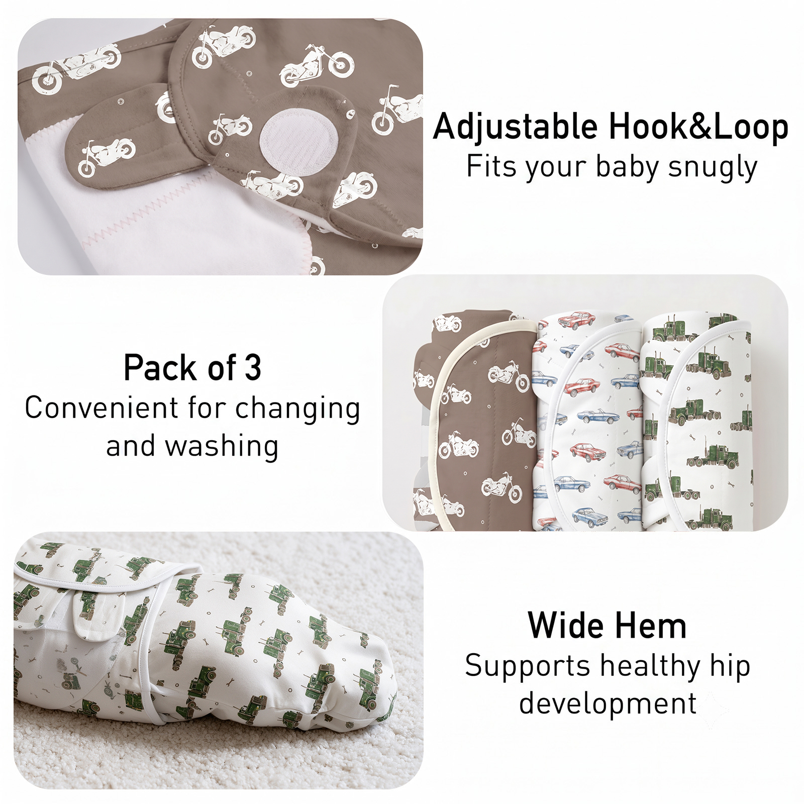Mocha Truck Garage | Baby Swaddle 3 Pack | 0-3 Months