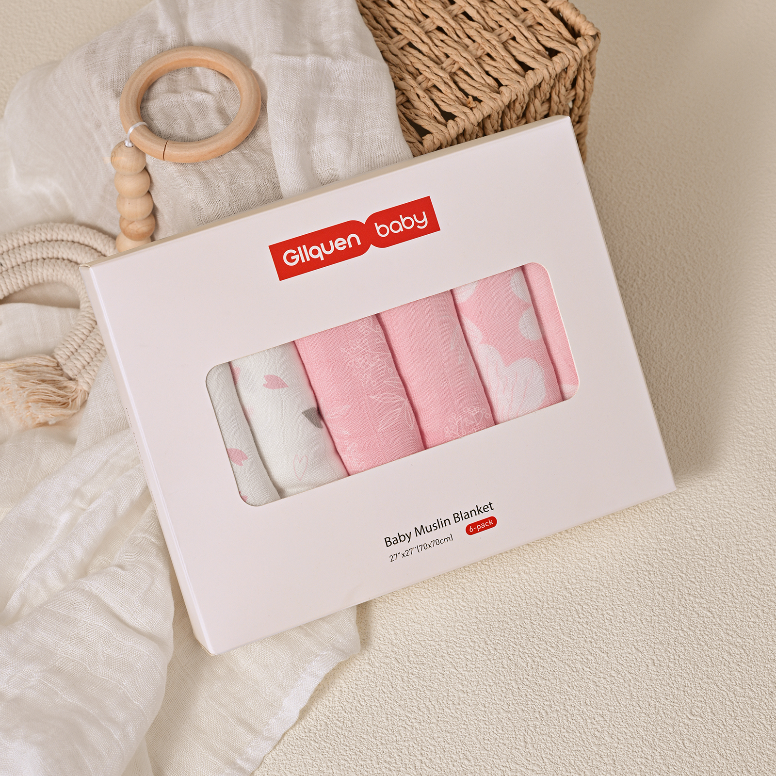 Muslin Swaddle Blankets 6-Pack, 28 X 28" - Rosebud