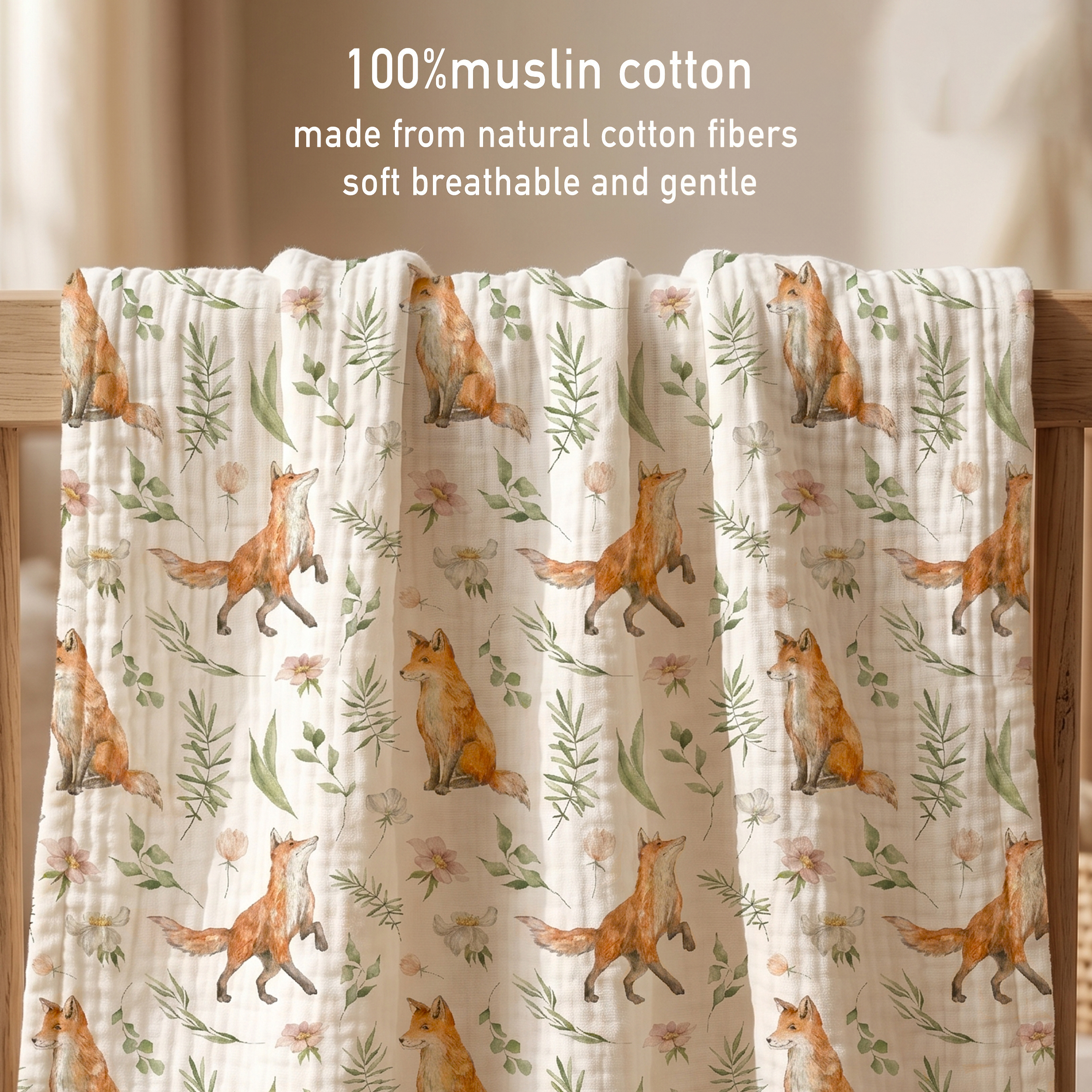 Muslin Swaddle Blankets 5-Pack, 23.5"x23.5" - Forest Fox Meadow