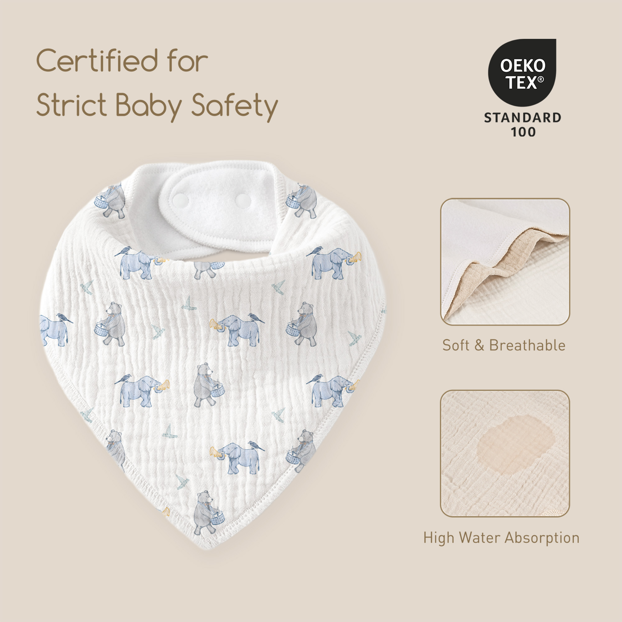 Blue Elephant Check | Soft & Absorbent Muslin Bandana Bibs 8 Pack
