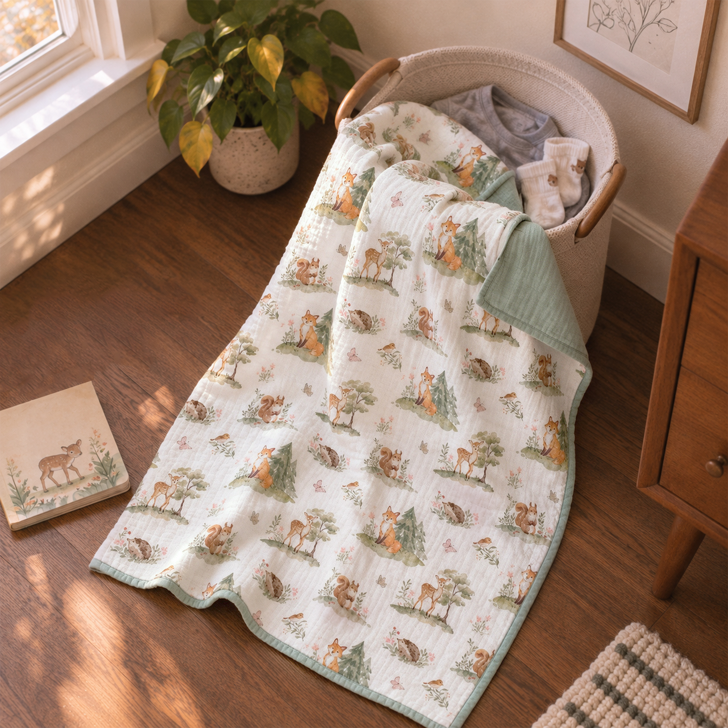 Muslin Swaddle Blankets 1-Pack | 31.5x43.3" | Green Forest Fox