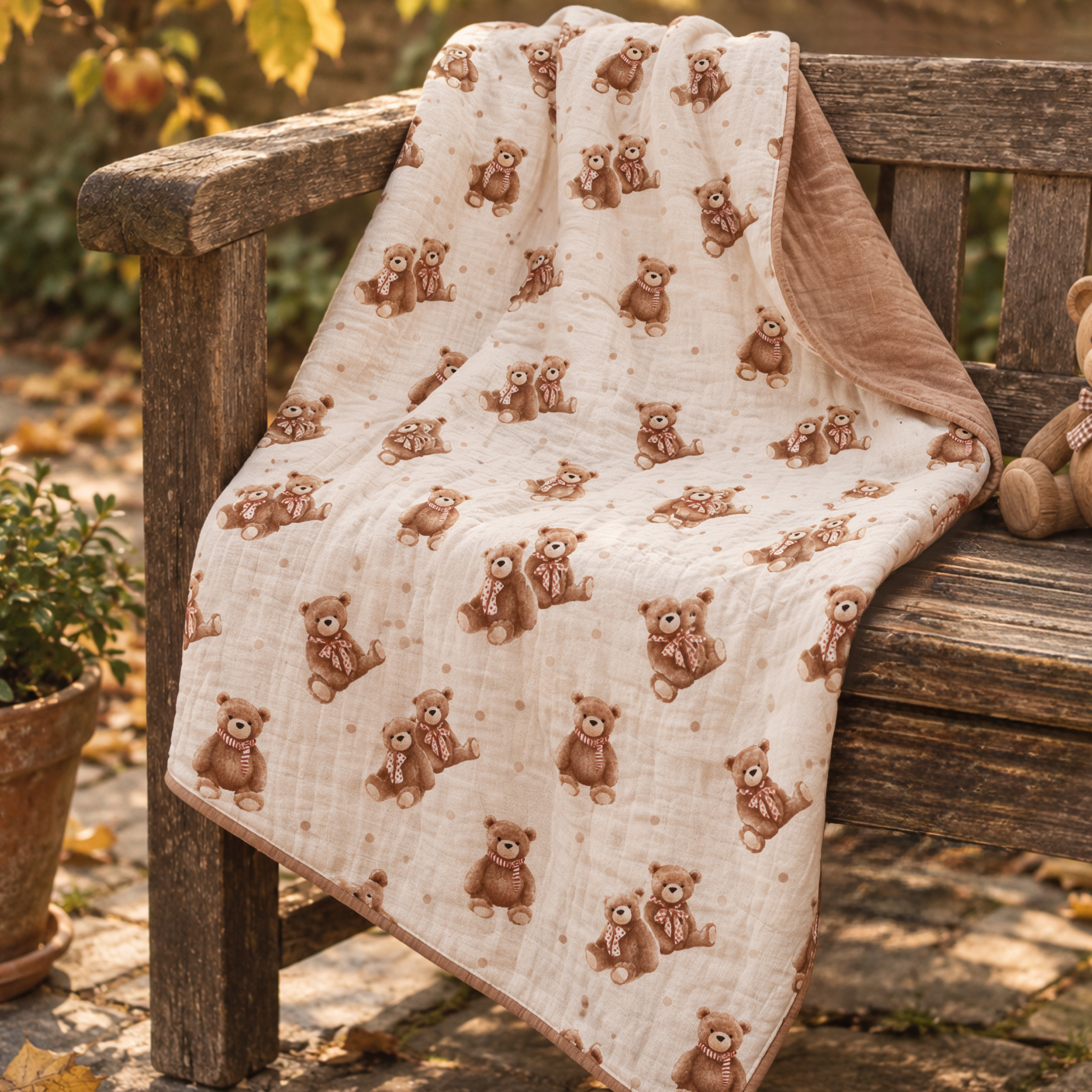 Muslin Swaddle Blankets 1-Pack | 31.5x43.3" | Creamy Ribbon Teddy