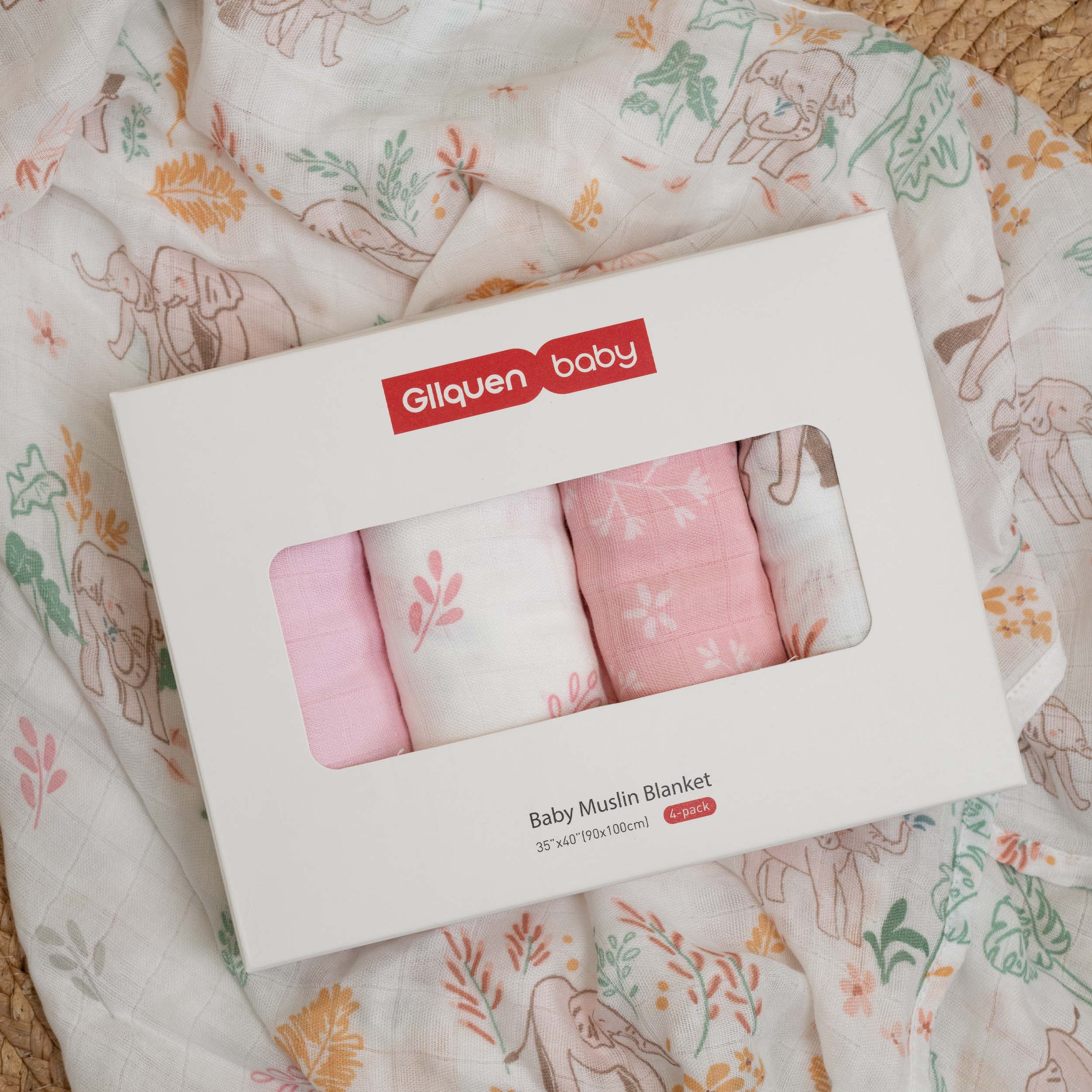 Muslin Swaddle Blankets 4-Pack | 35"x40" | Line-Talk Elephant