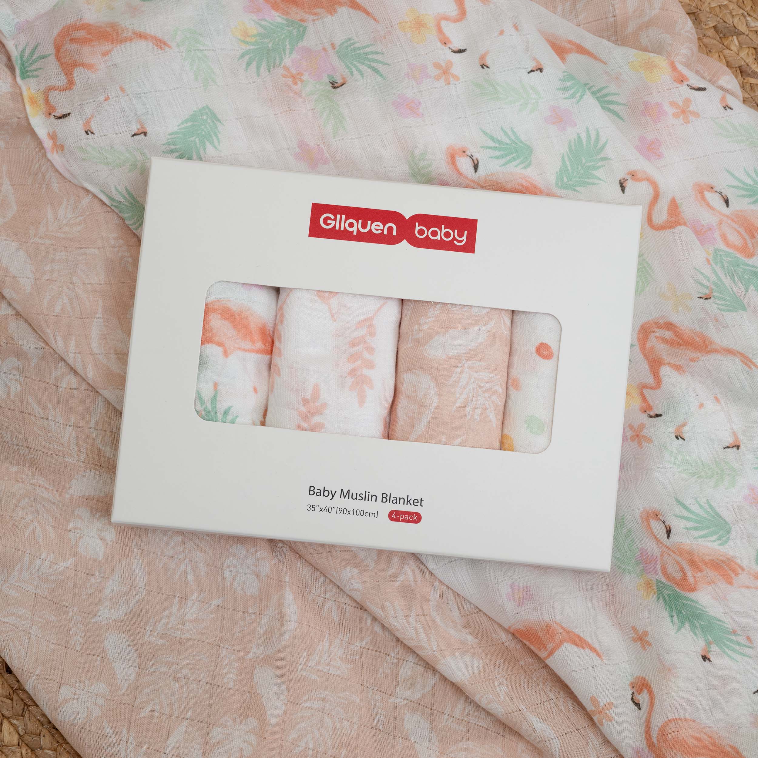 Muslin Swaddle Blankets 4-Pack | 35"x40" | Flamingo Garden