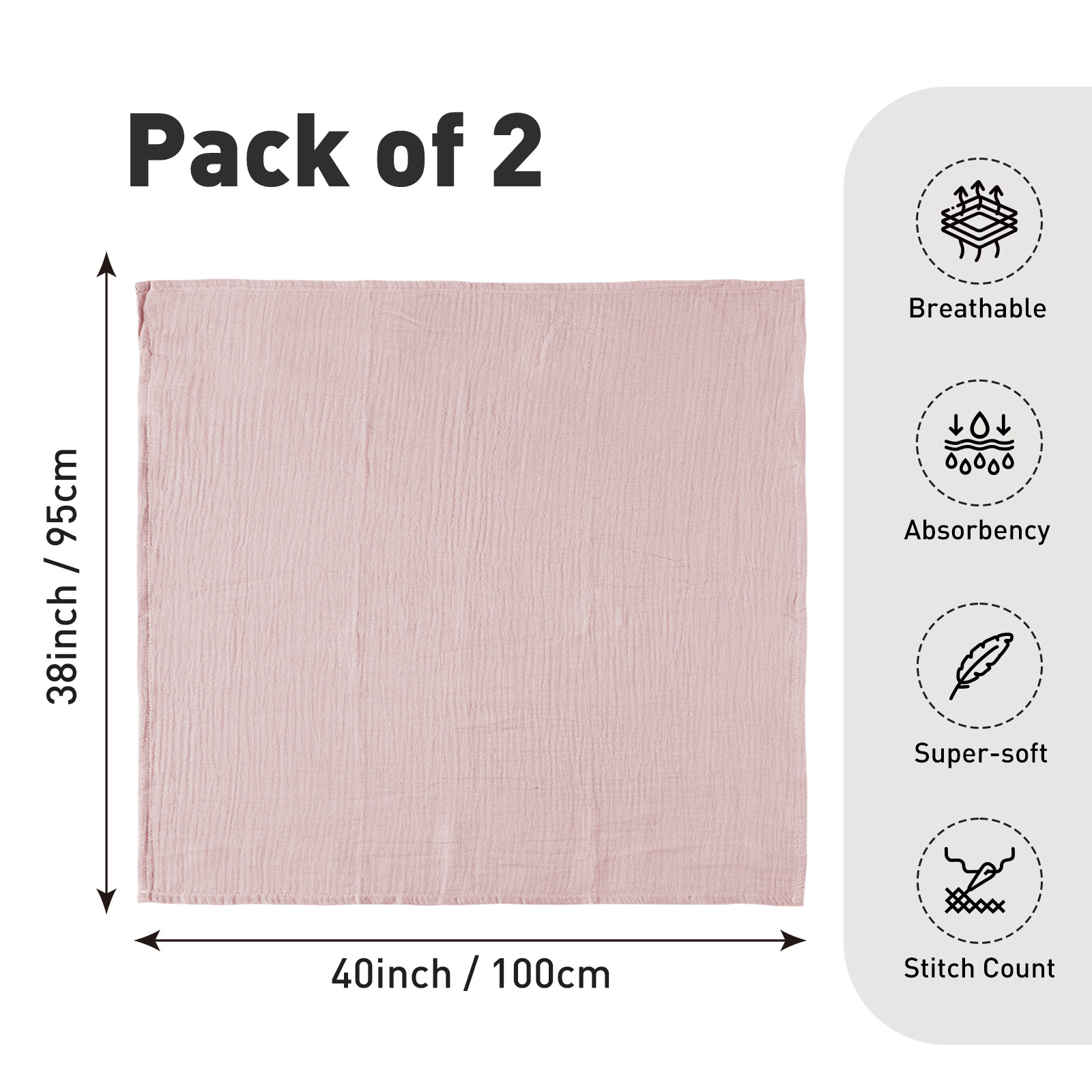 Muslin Swaddle Blankets 2-Pack, 38"x40" - Peach