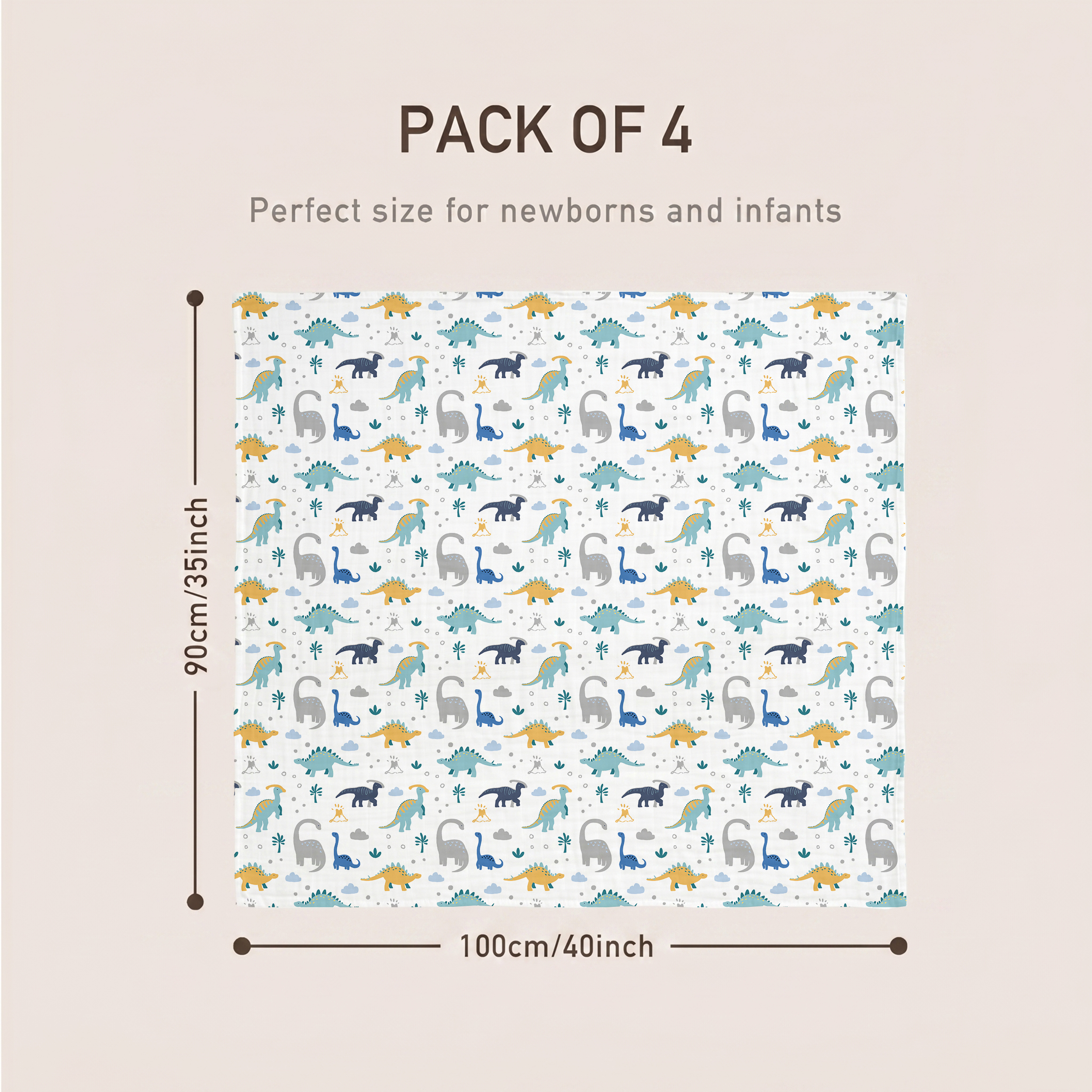 Muslin Swaddle Blankets 4-Pack | 35"x40" | Tropical Dino  Print