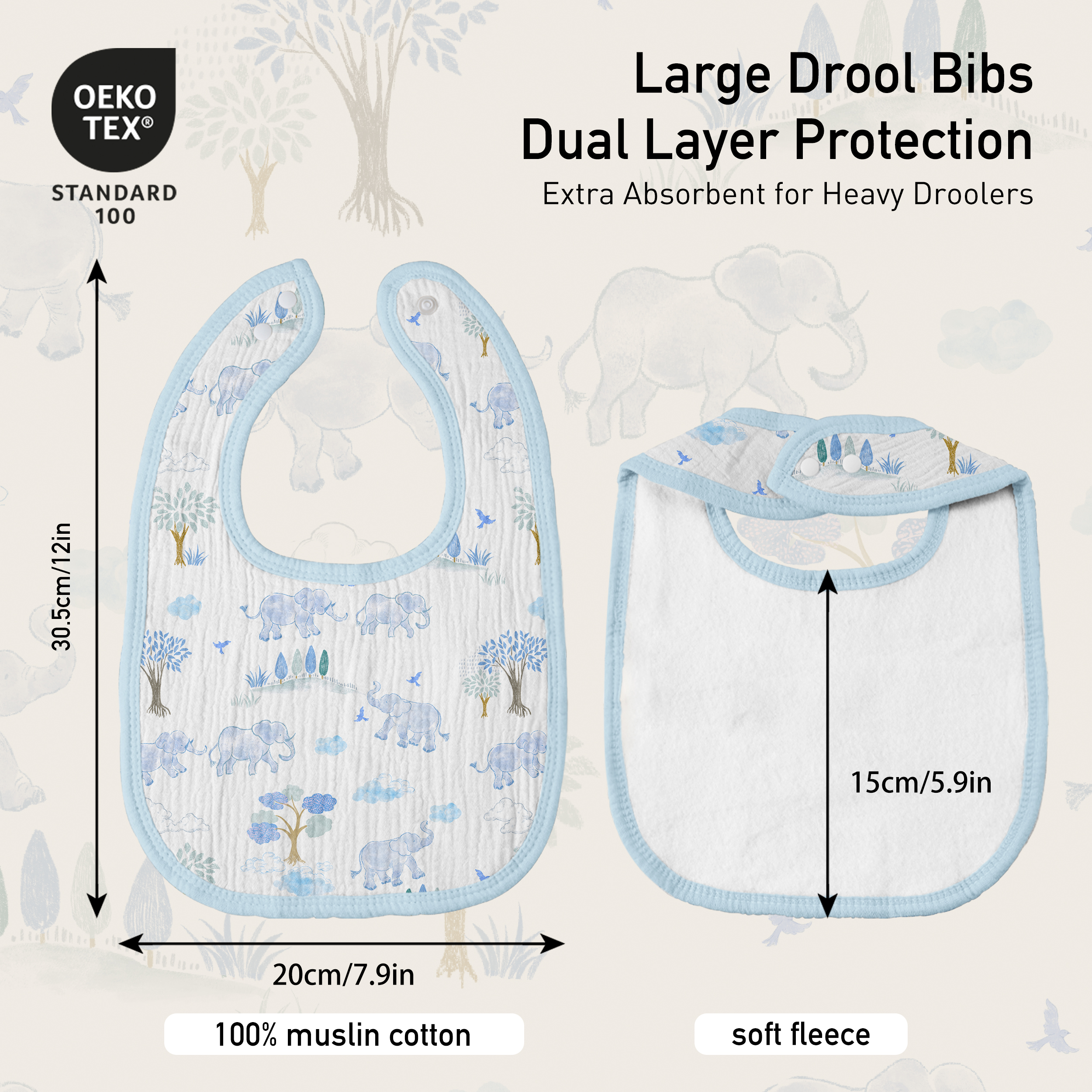 Blue Elephant Safari | baby muslin bibs 8 pack | 0-36 months