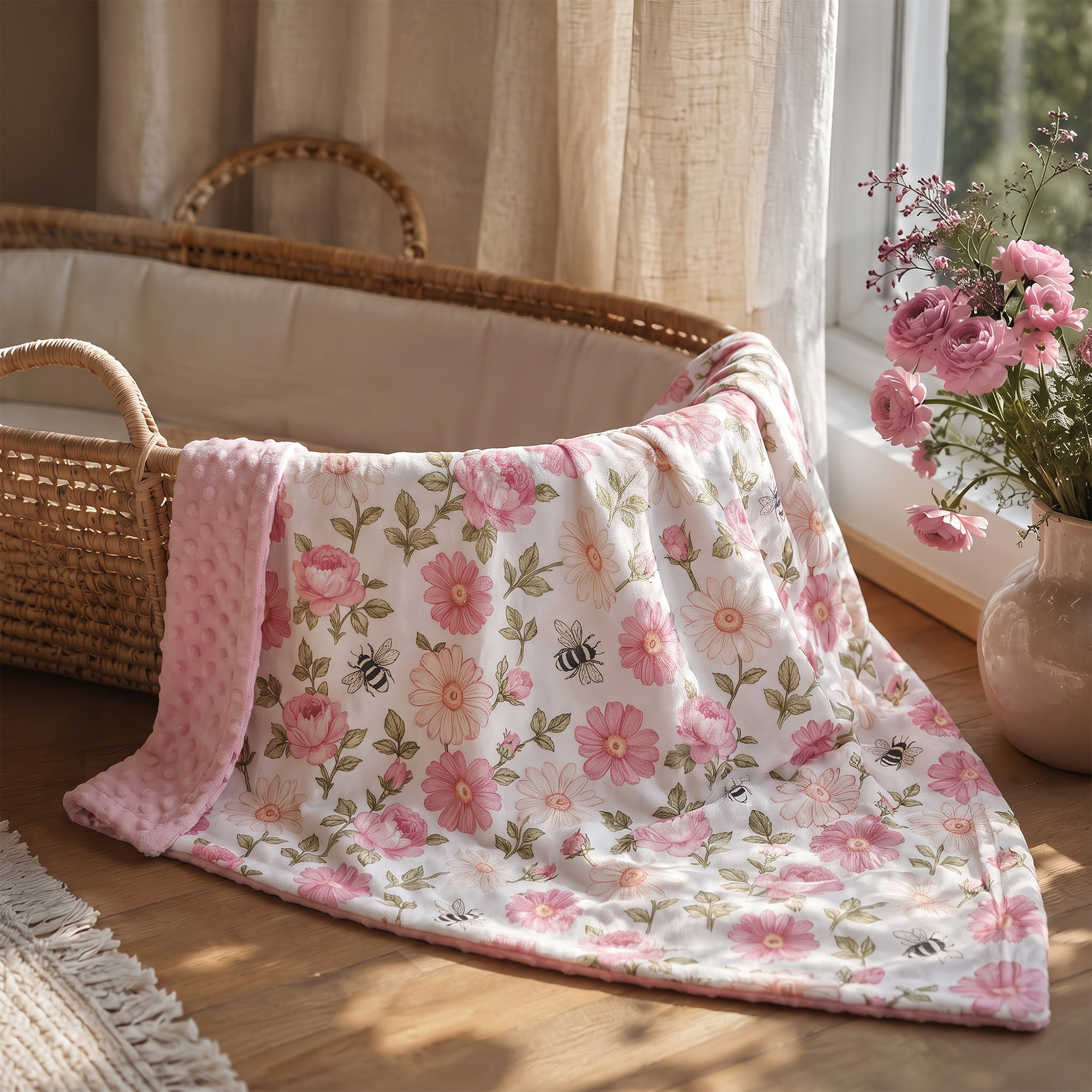 Pink Floral Bloom | Fleece Plush Dot Blanket | 30''*40''