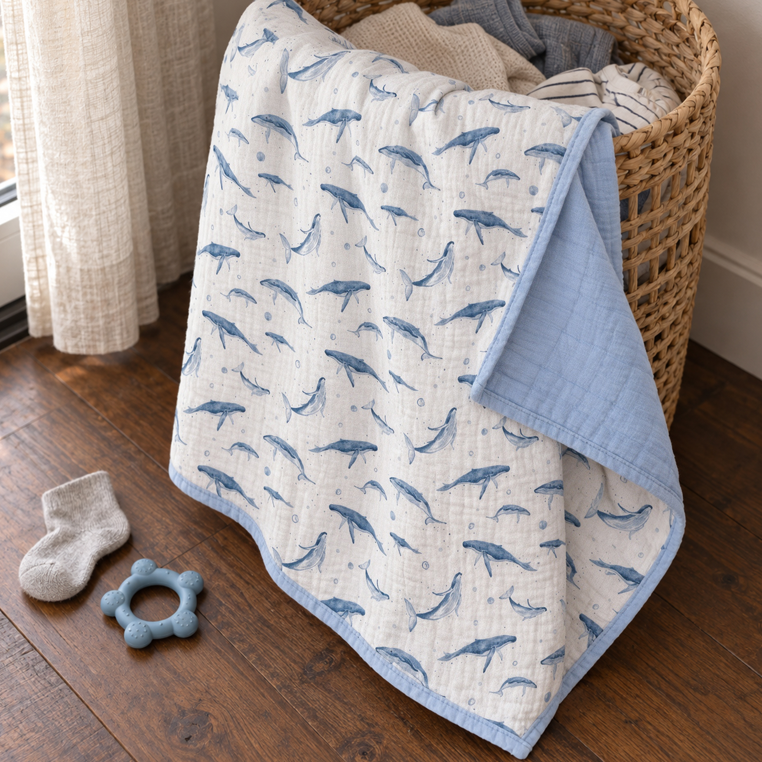 Muslin Swaddle Blankets 1-Pack | 31.5x43.3" | Blue Whale Splash