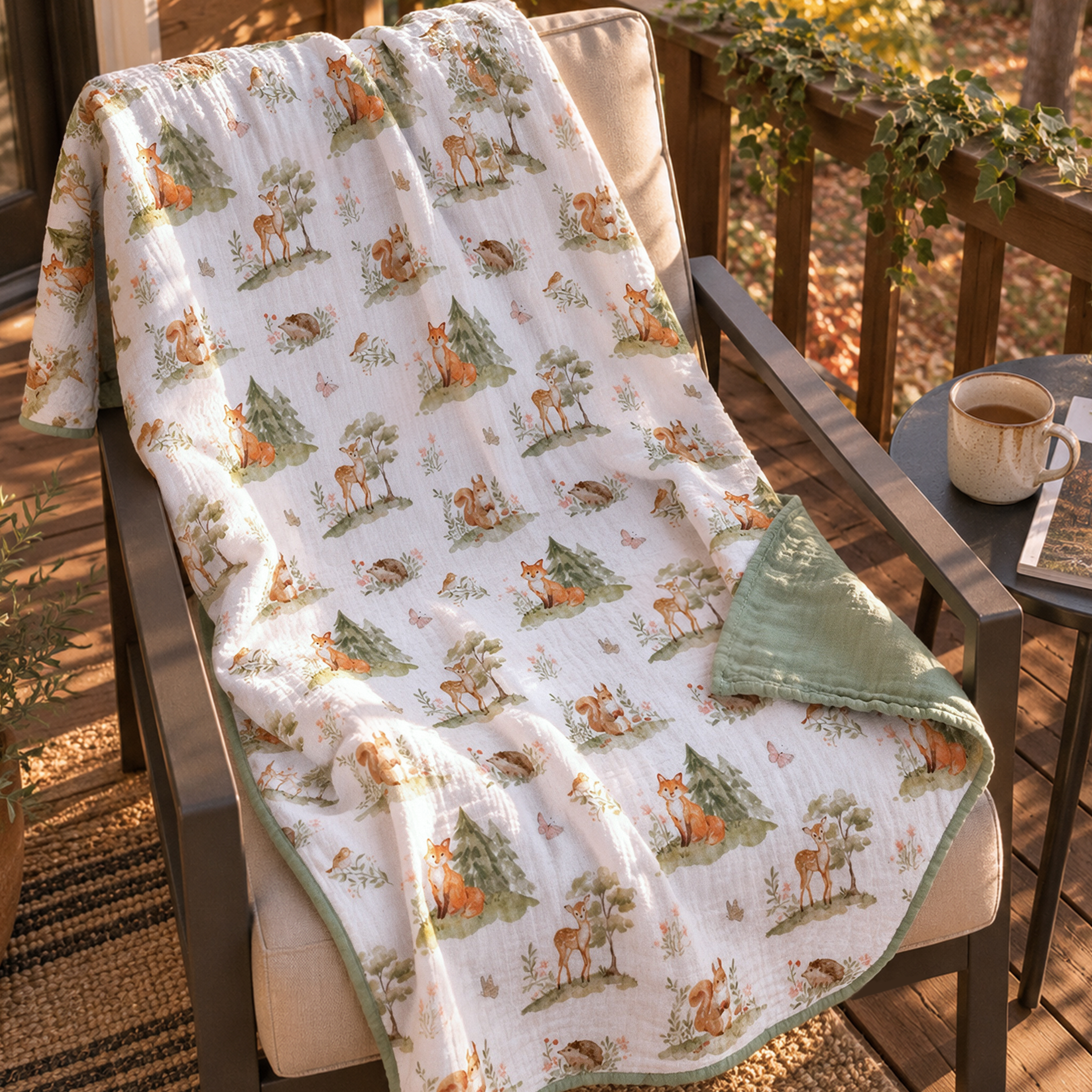 Muslin Swaddle Blankets 1-Pack | 31.5x43.3" | Green Forest Fox