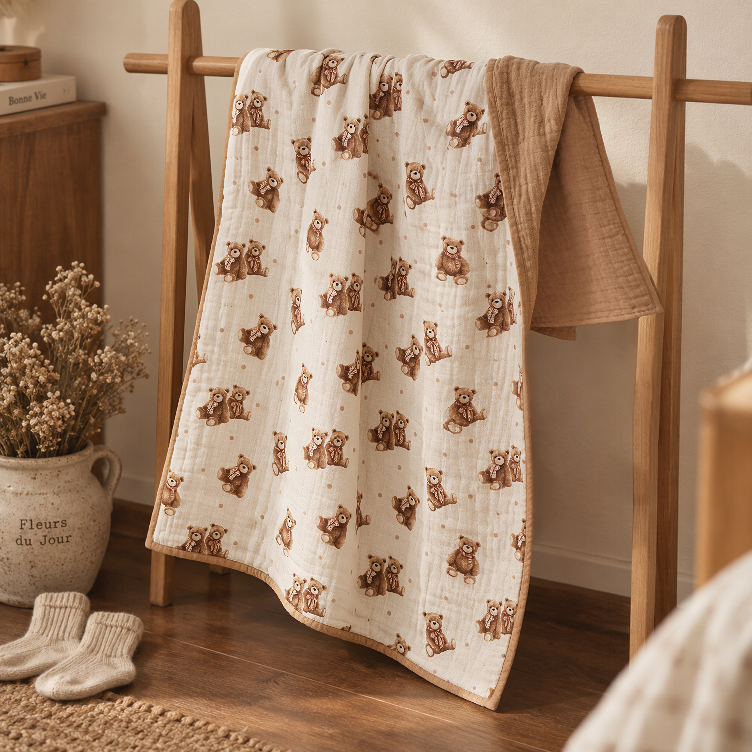 Muslin Swaddle Blankets 1-Pack | 31.5x43.3" | Creamy Ribbon Teddy