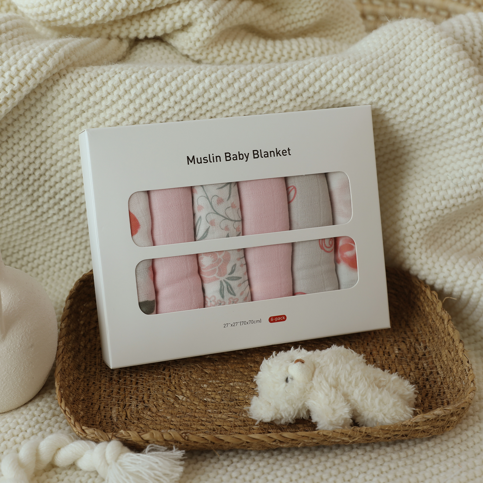 Muslin Swaddle Blankets 6-Pack, 27 X 27" - Rugosa Rose