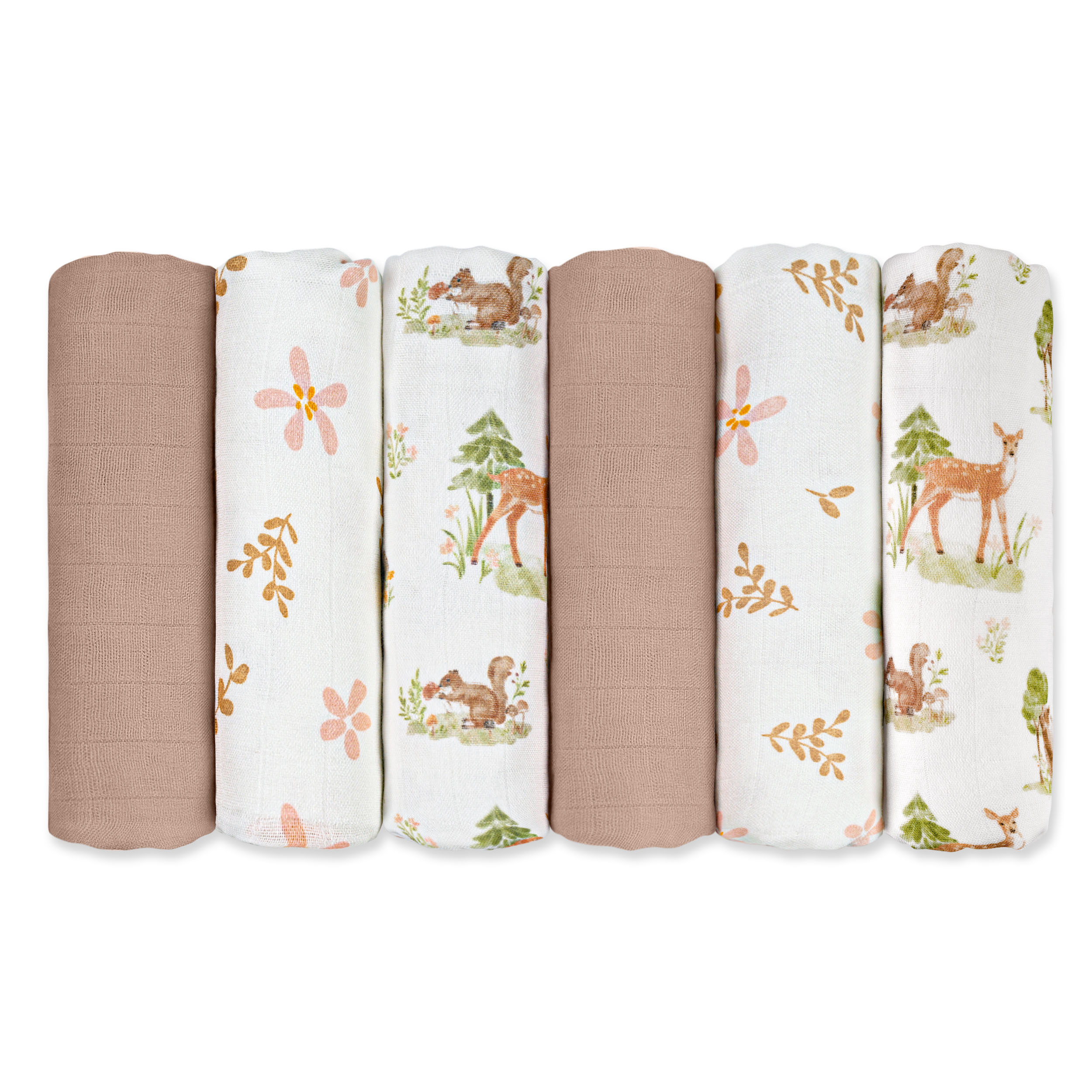 Muslin Swaddle Blankets 6-Pack | 27x27" | Deer & Soft Light
