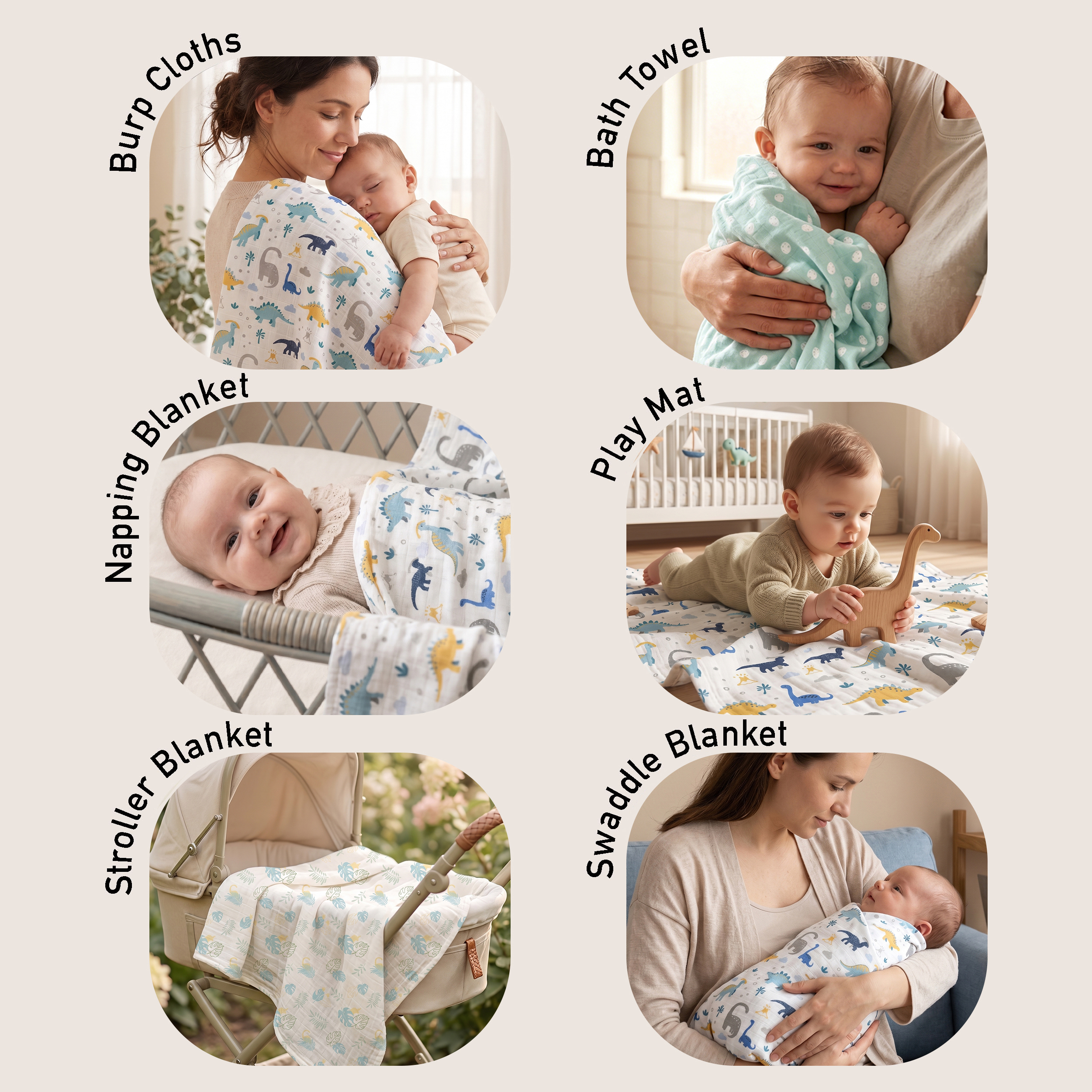 Muslin Swaddle Blankets 4-Pack | 35"x40" | Tropical Dino  Print