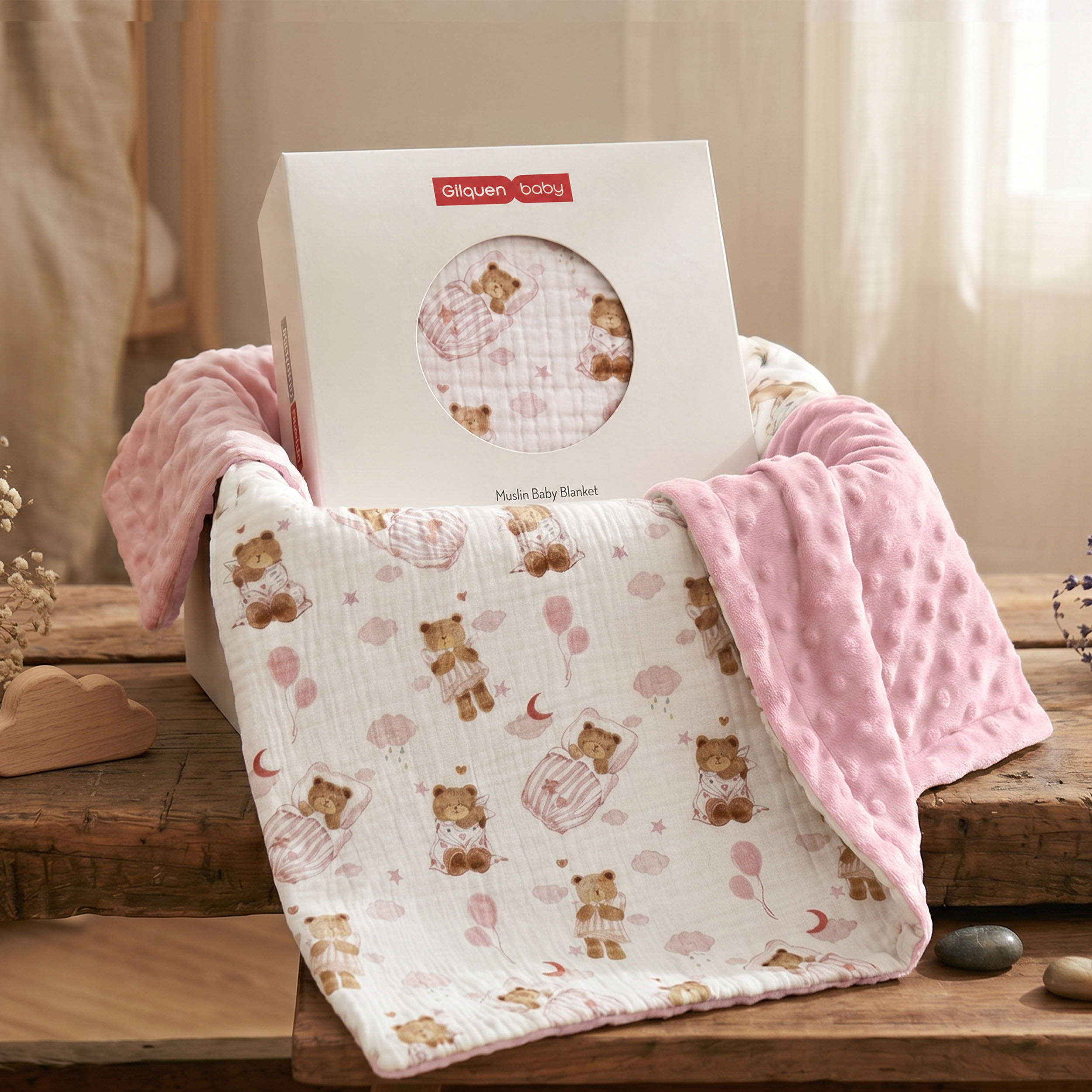 Blush Bear Slumber | Muslin and Fleece Plush Dot Blanket | 30''*40''