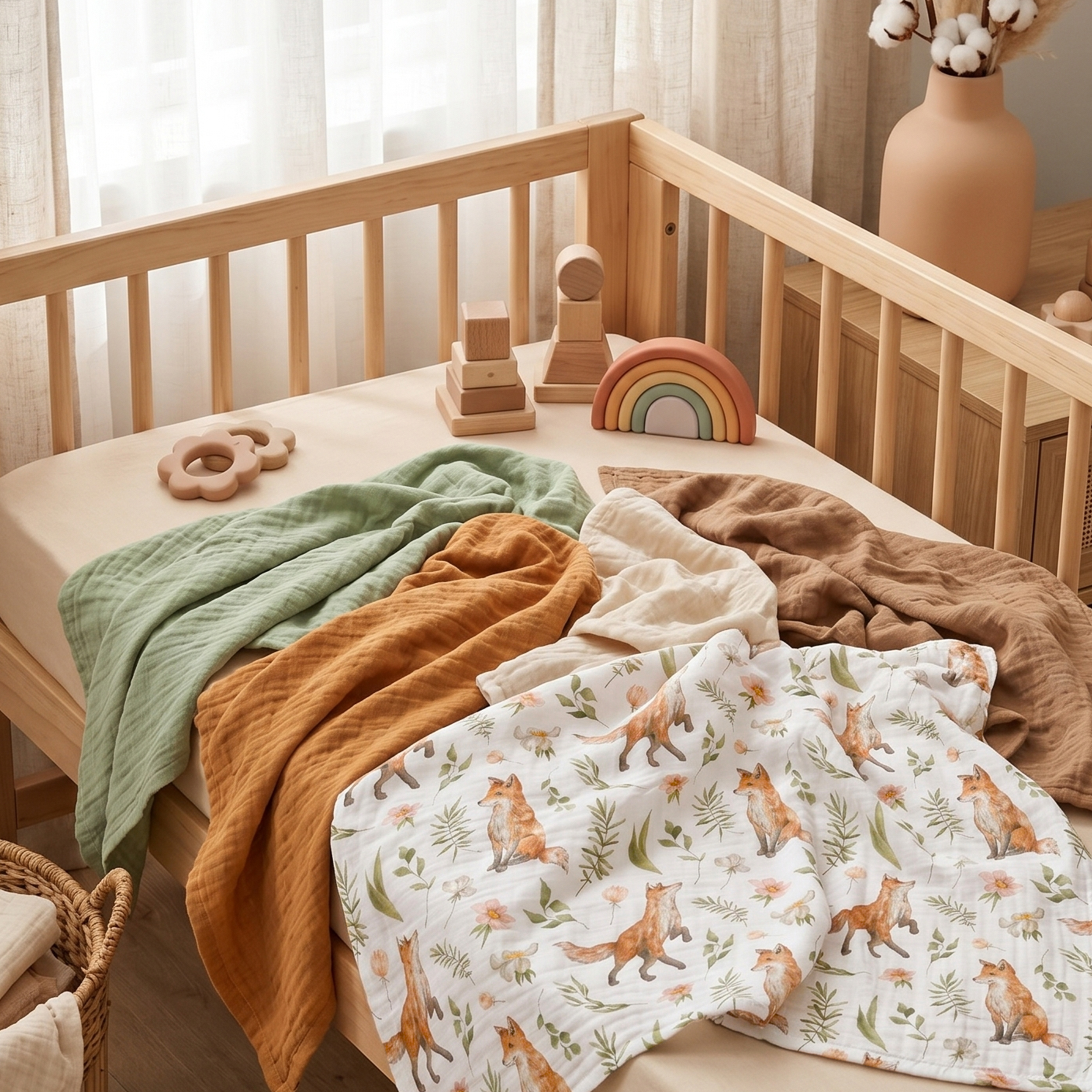 Muslin Swaddle Blankets 5-Pack, 23.5"x23.5" - Forest Fox Meadow