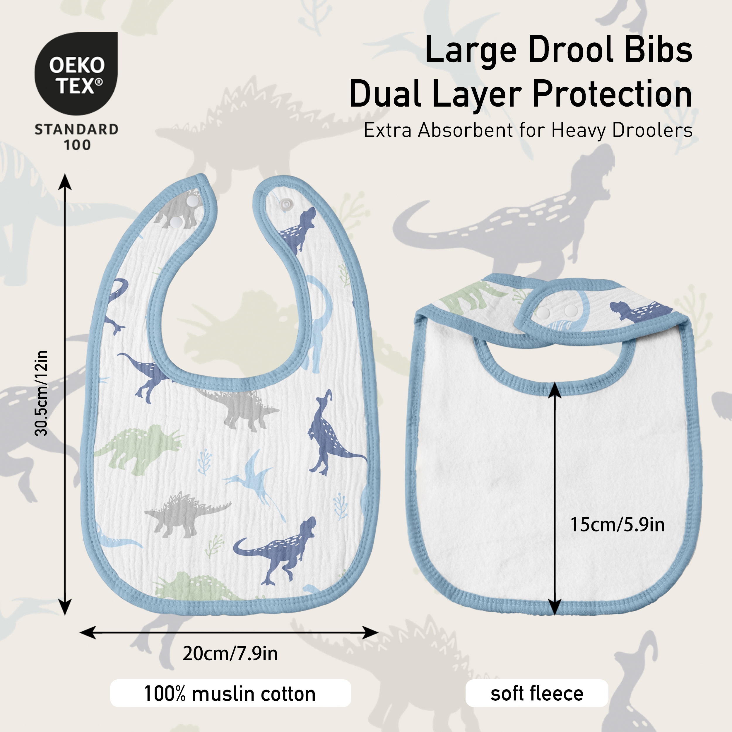 Blue Dino Grove | baby muslin bibs 8 pack | 0-36 months
