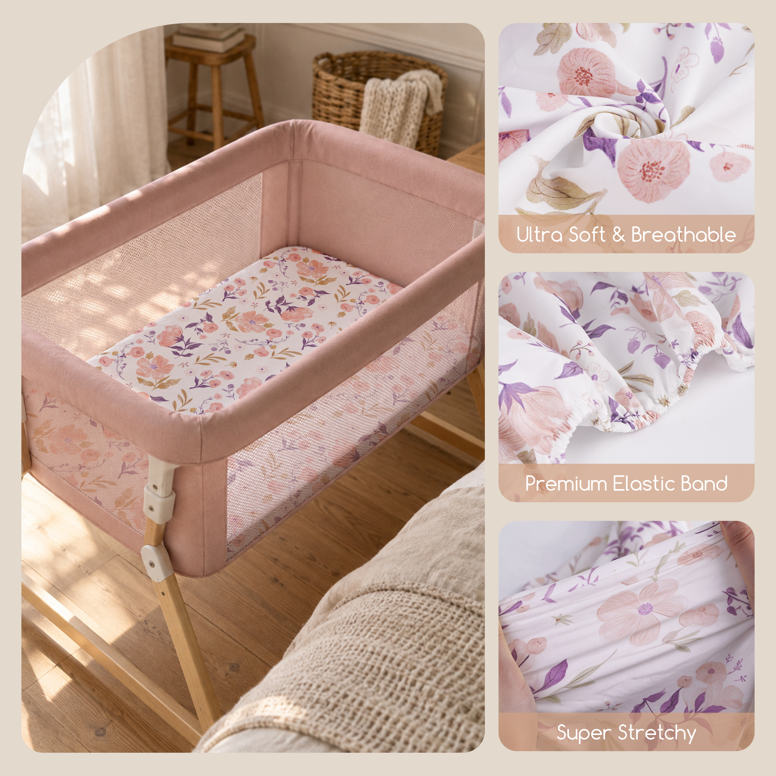 Blush Floral Meadow | Bassinet Sheets 3-Pack | 33*20''