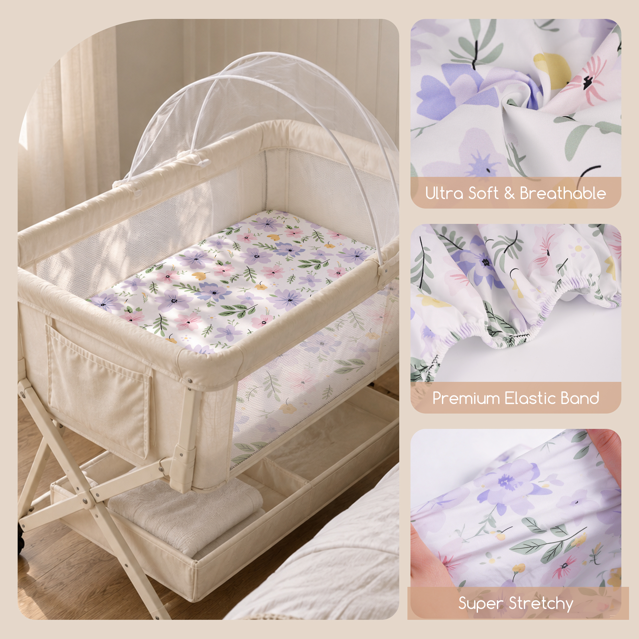 Lilac Wild Meadow | Bassinet Sheets 3-Pack | 33*20''