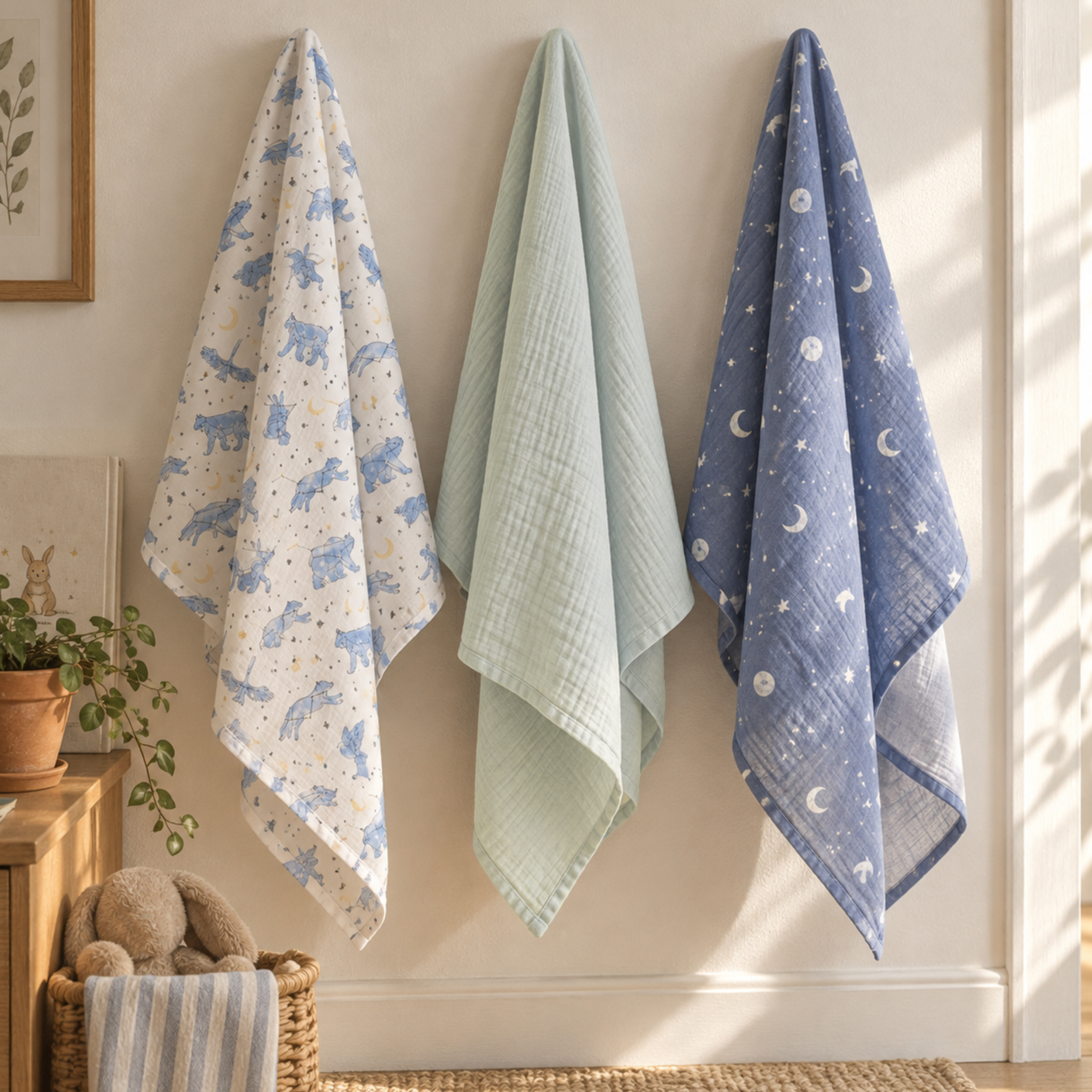 Muslin Swaddle Blankets 3-Pack | 38"x40" | Blue Star & Bear