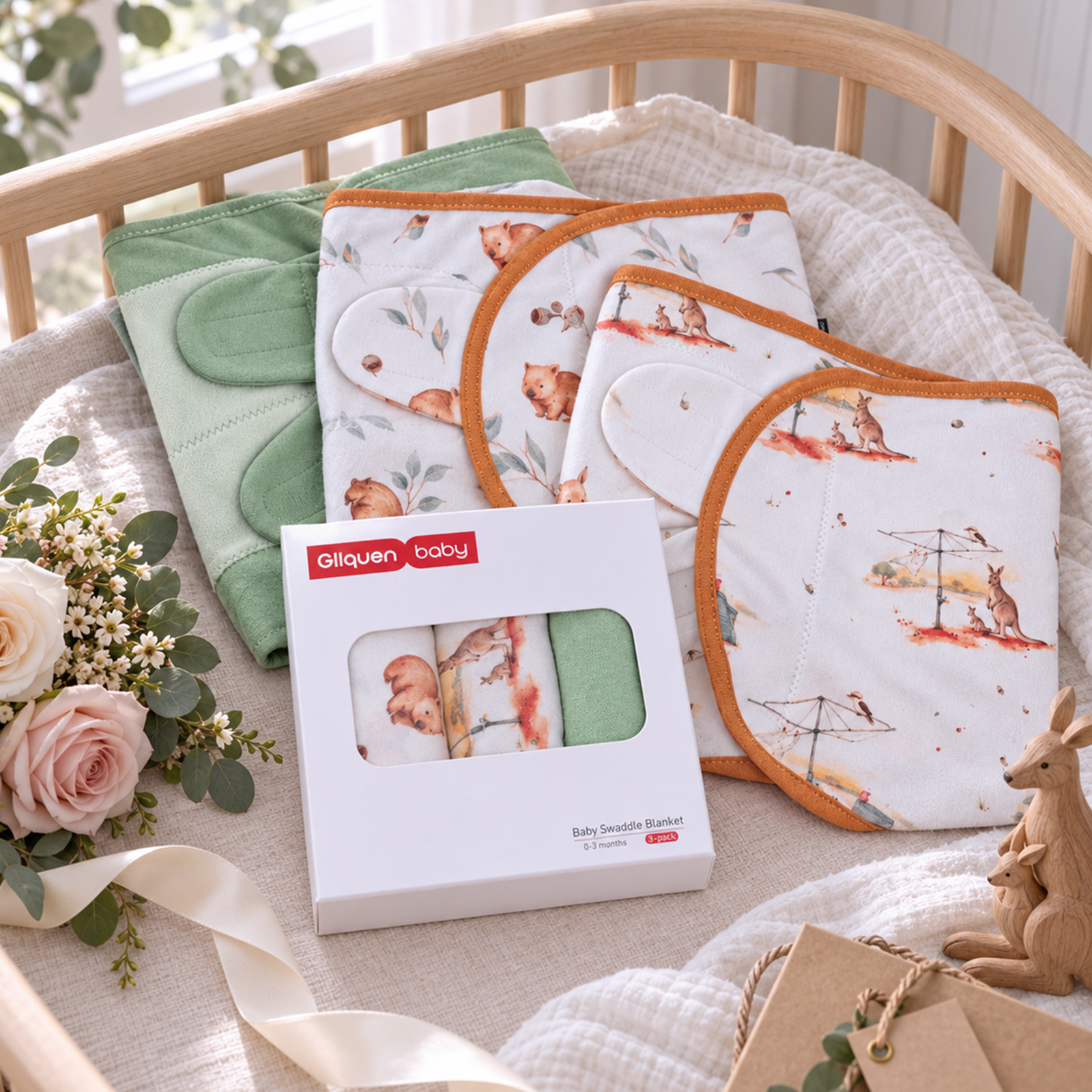 Sage Roo Paddock | Baby Swaddle 3 Pack | 0-3 Months