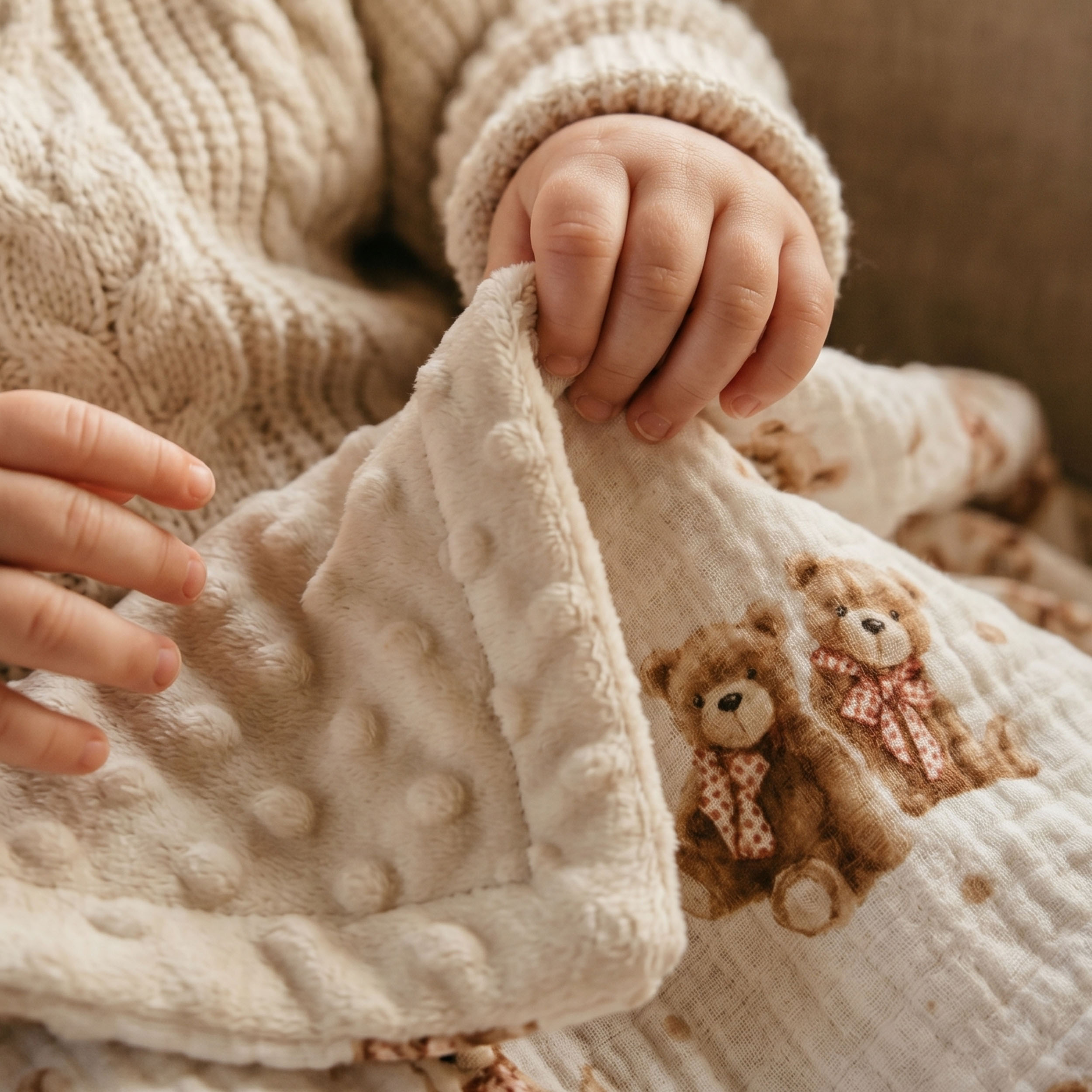 Creamy Ribbon Teddy | Muslin and Fleece Plush Dot Blanket | 30''*40''