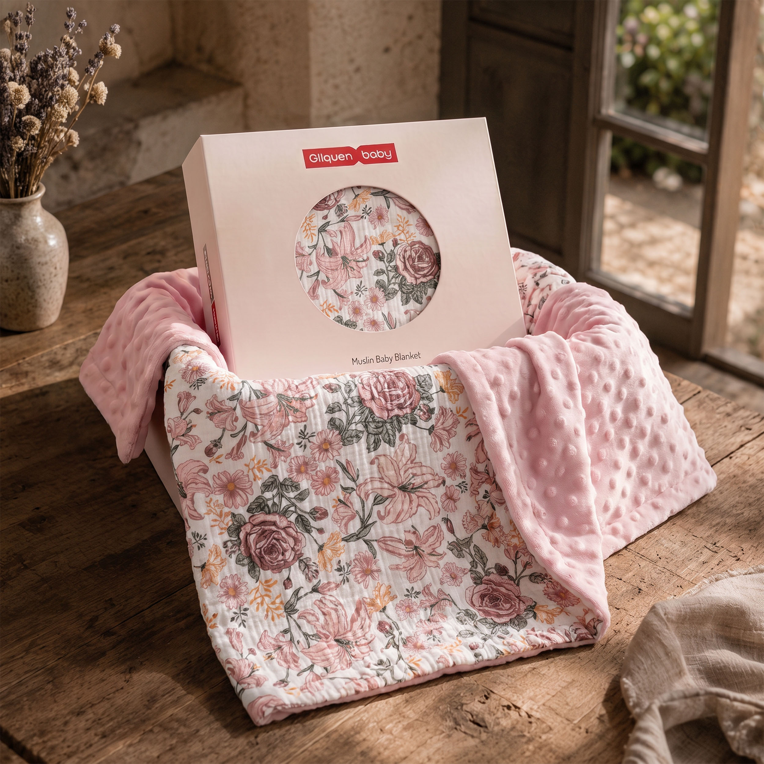 Vintage Rose Serenade | Muslin and Fleece Plush Dot Blanket | 30''*40''