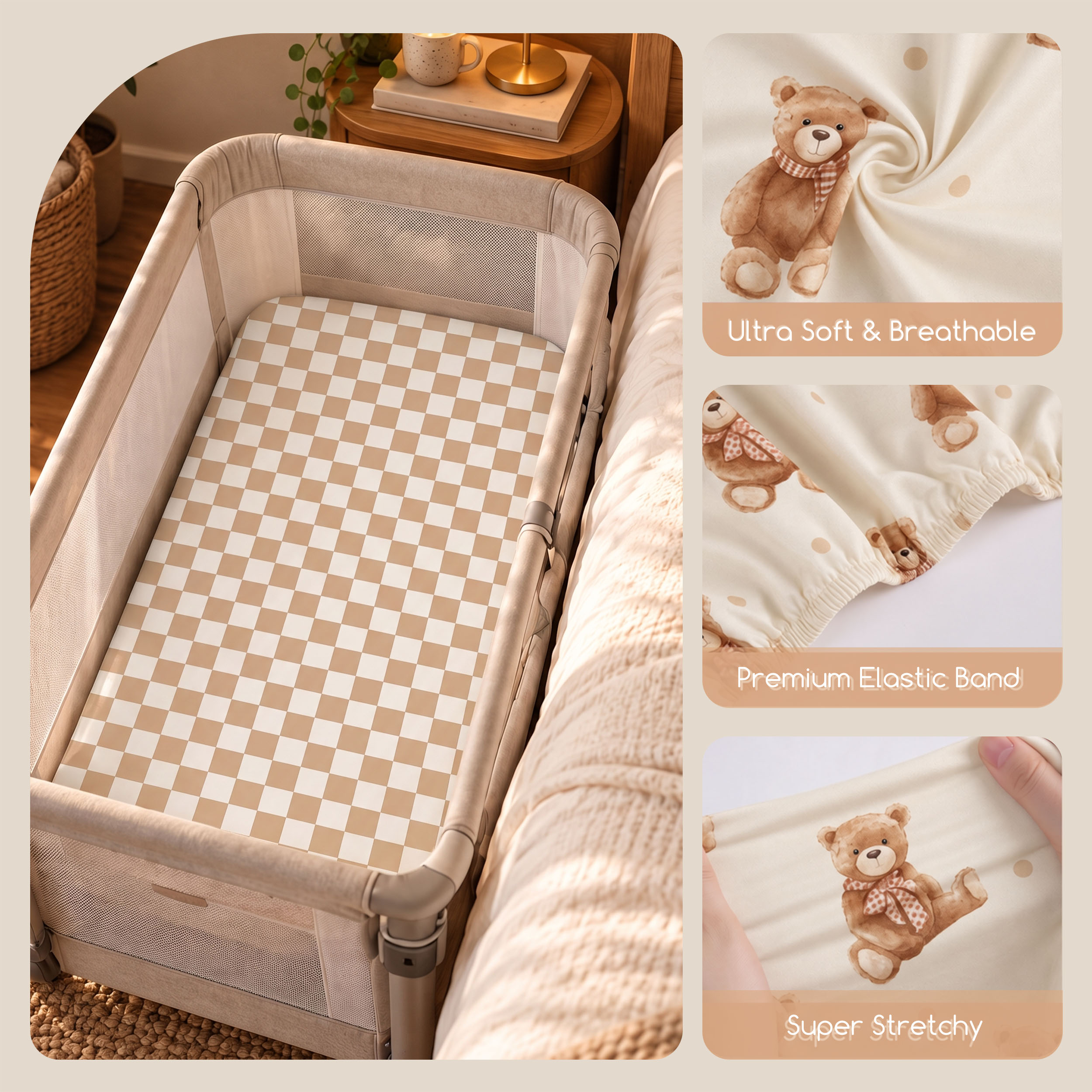 Creamy Teddy Check | Bassinet Sheets 3-Pack | 33*20''