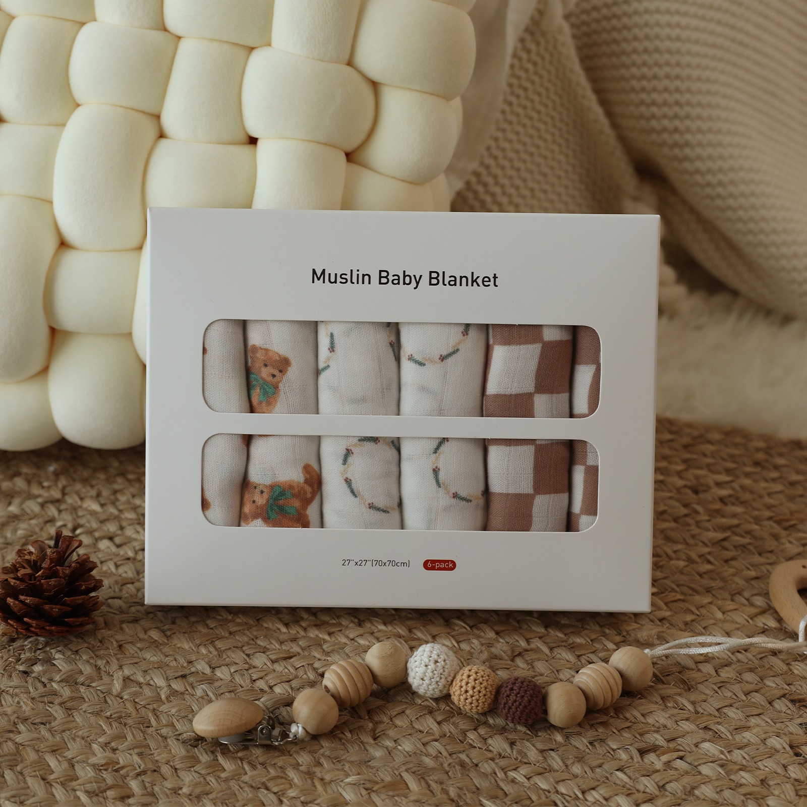 Muslin Swaddle Blankets 6-Pack, 27 X 27" - Christmas Bear