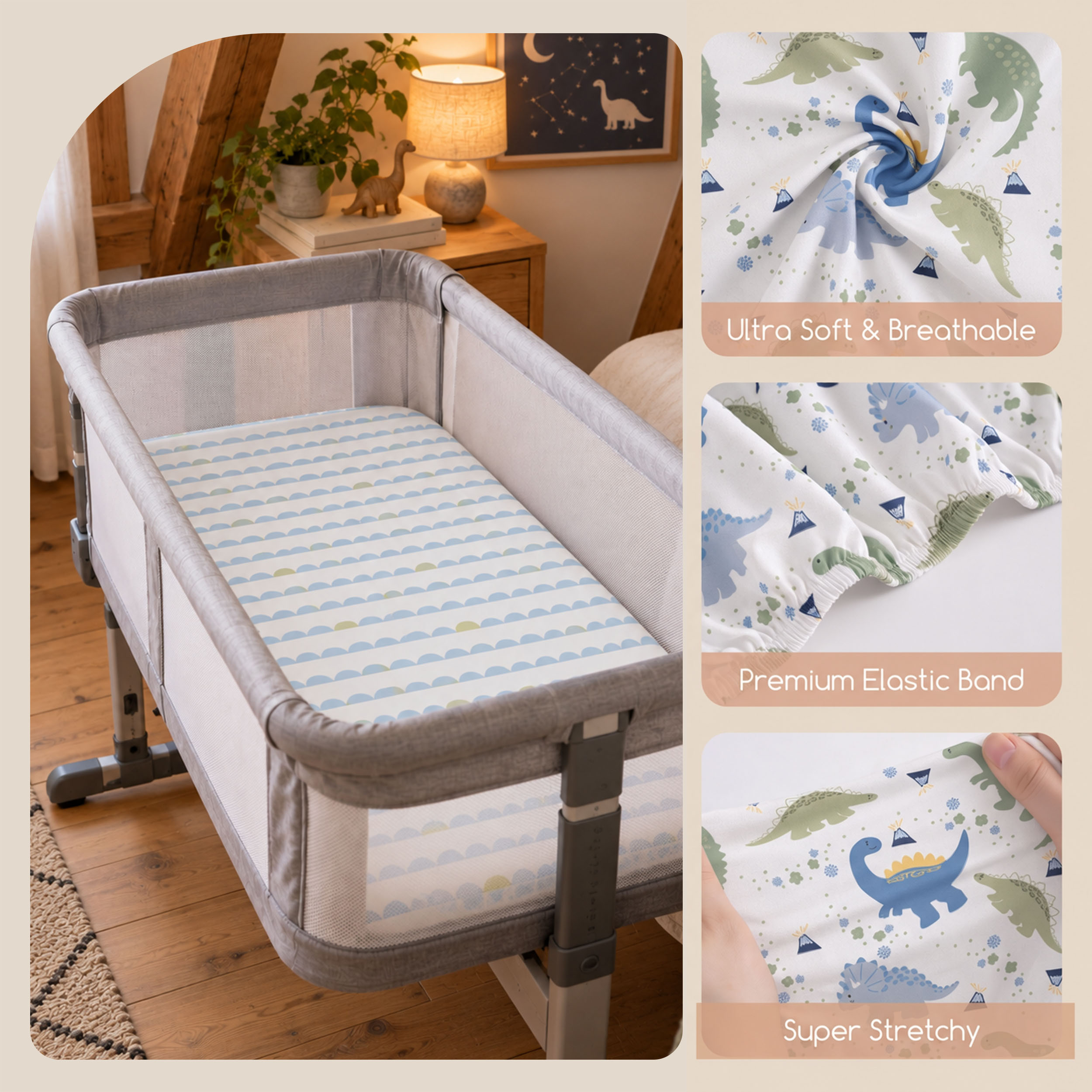 Blue Dino Explorer | Bassinet Sheets 3-Pack | 33*20''