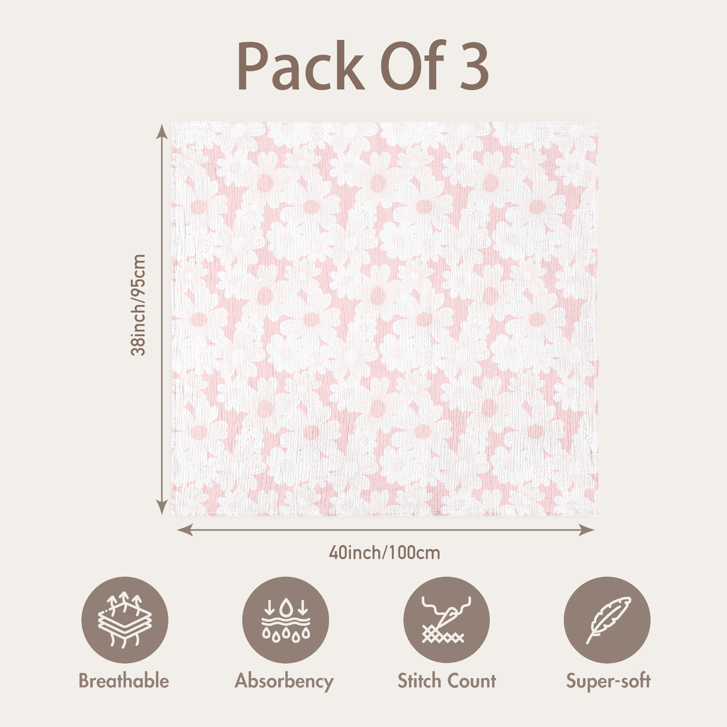 Muslin Swaddle Blankets 3-Pack | 38"x40" | Pink Sweet Sprout