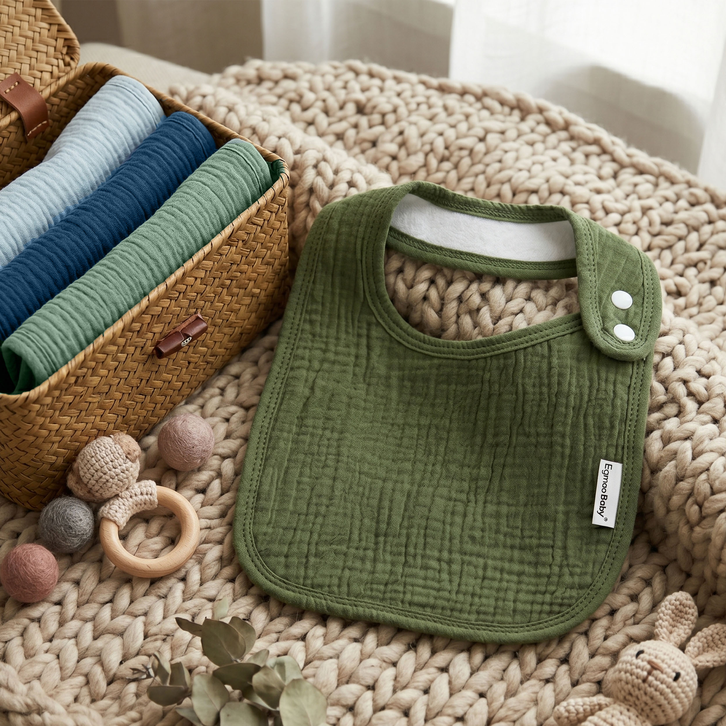 Neutral Sage and Blue | baby muslin bibs 5 pack | 0-36 months