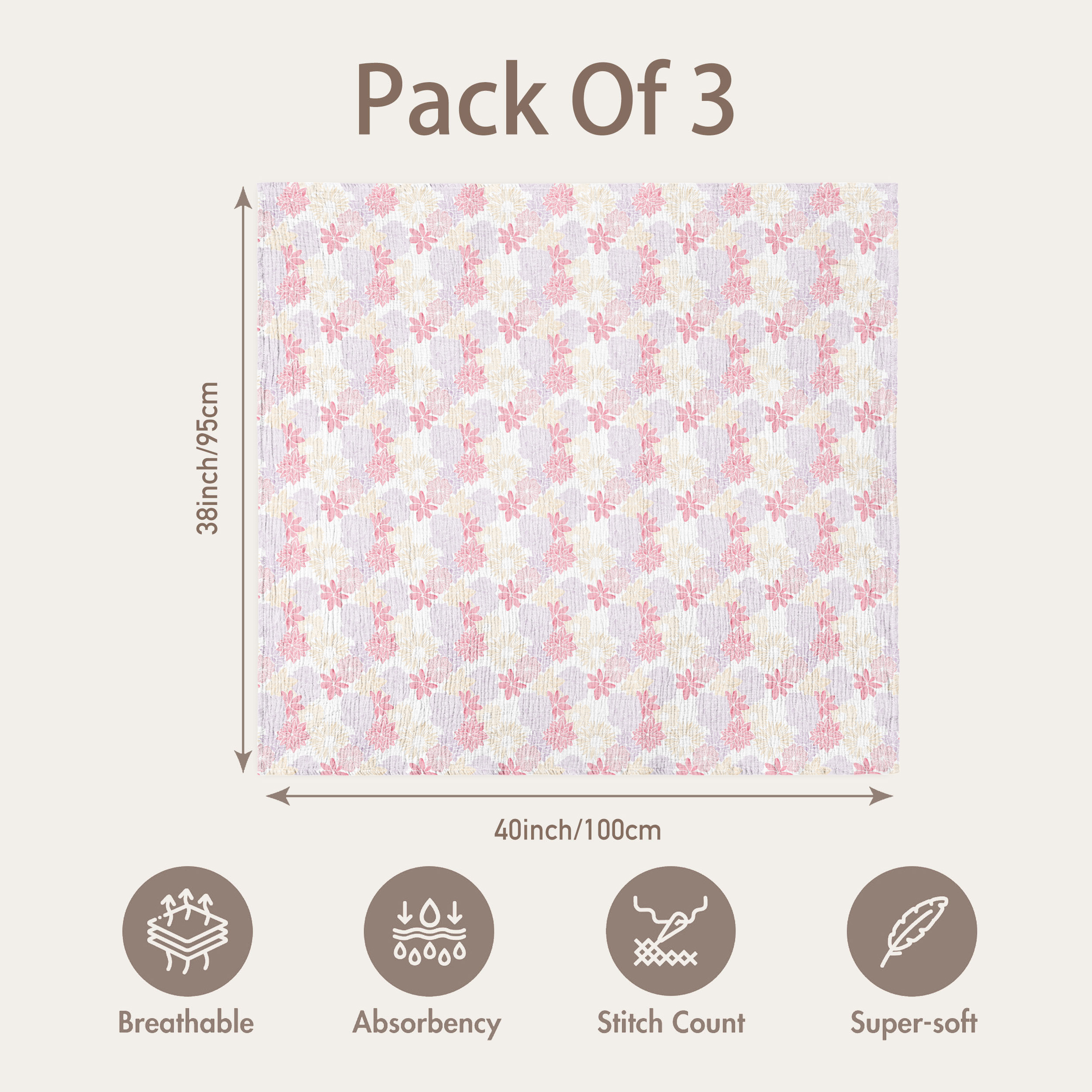 Muslin Swaddle Blankets 3-Pack | 38"x40" | Vintage Floral Bloom