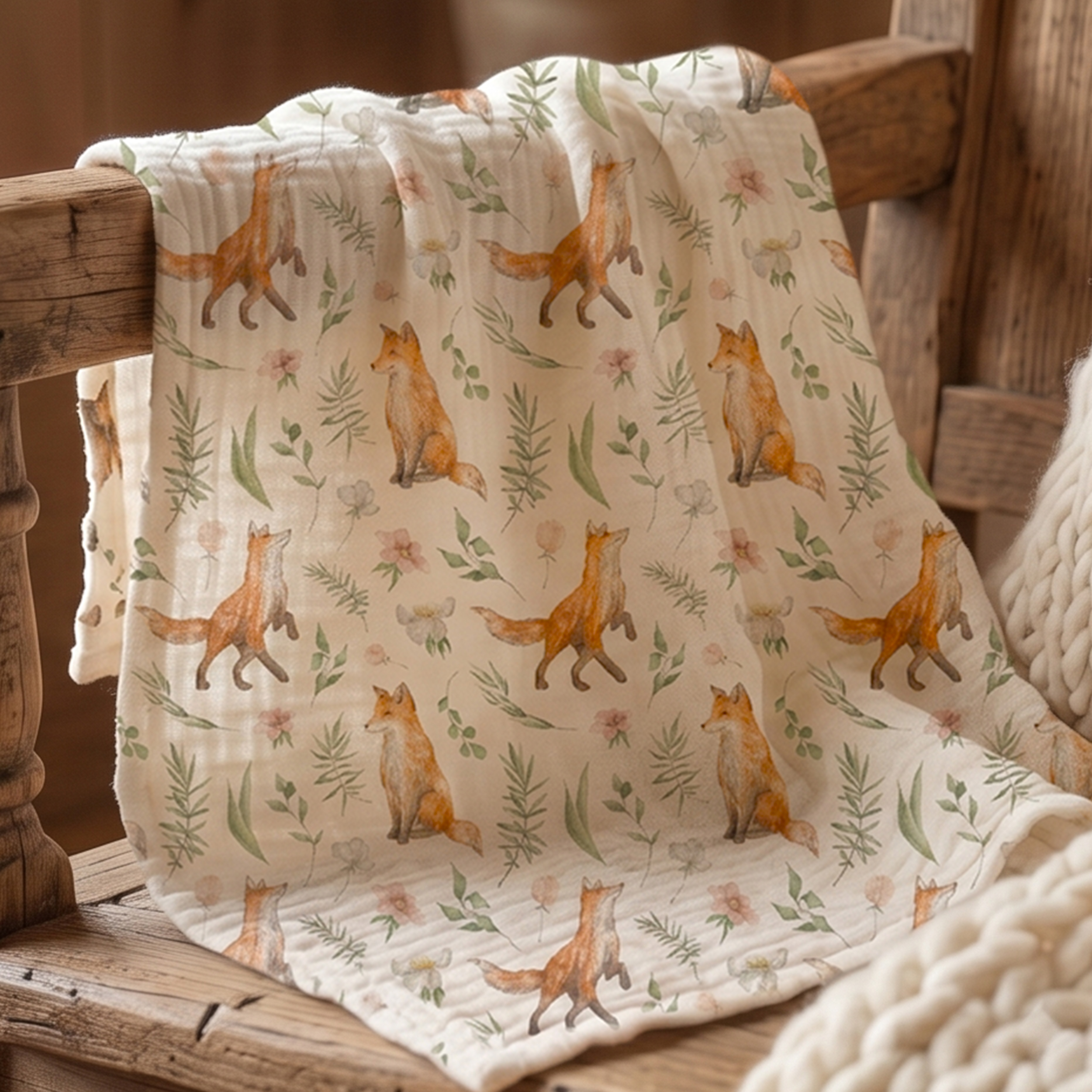 Muslin Swaddle Blankets 5-Pack, 23.5"x23.5" - Forest Fox Meadow