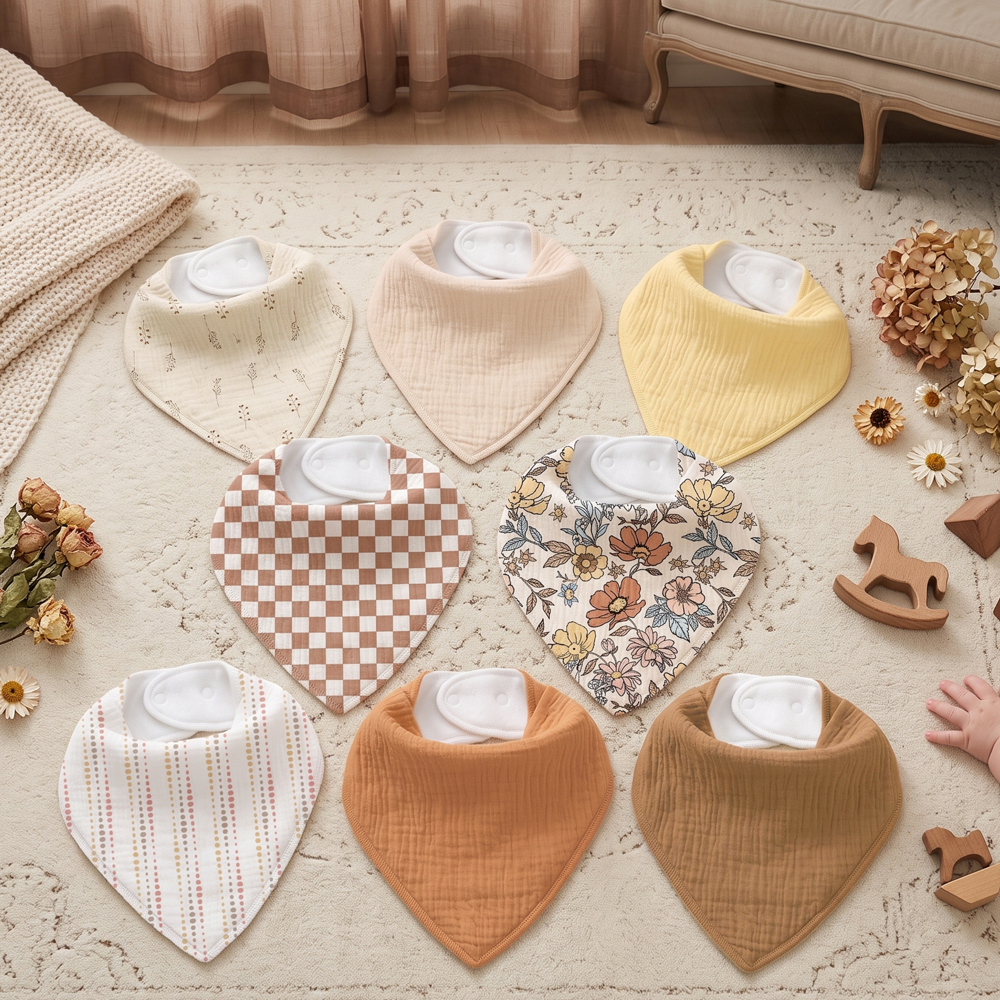 Vintage Floral Check | Soft & Absorbent Muslin Bandana Bibs 8 Pack
