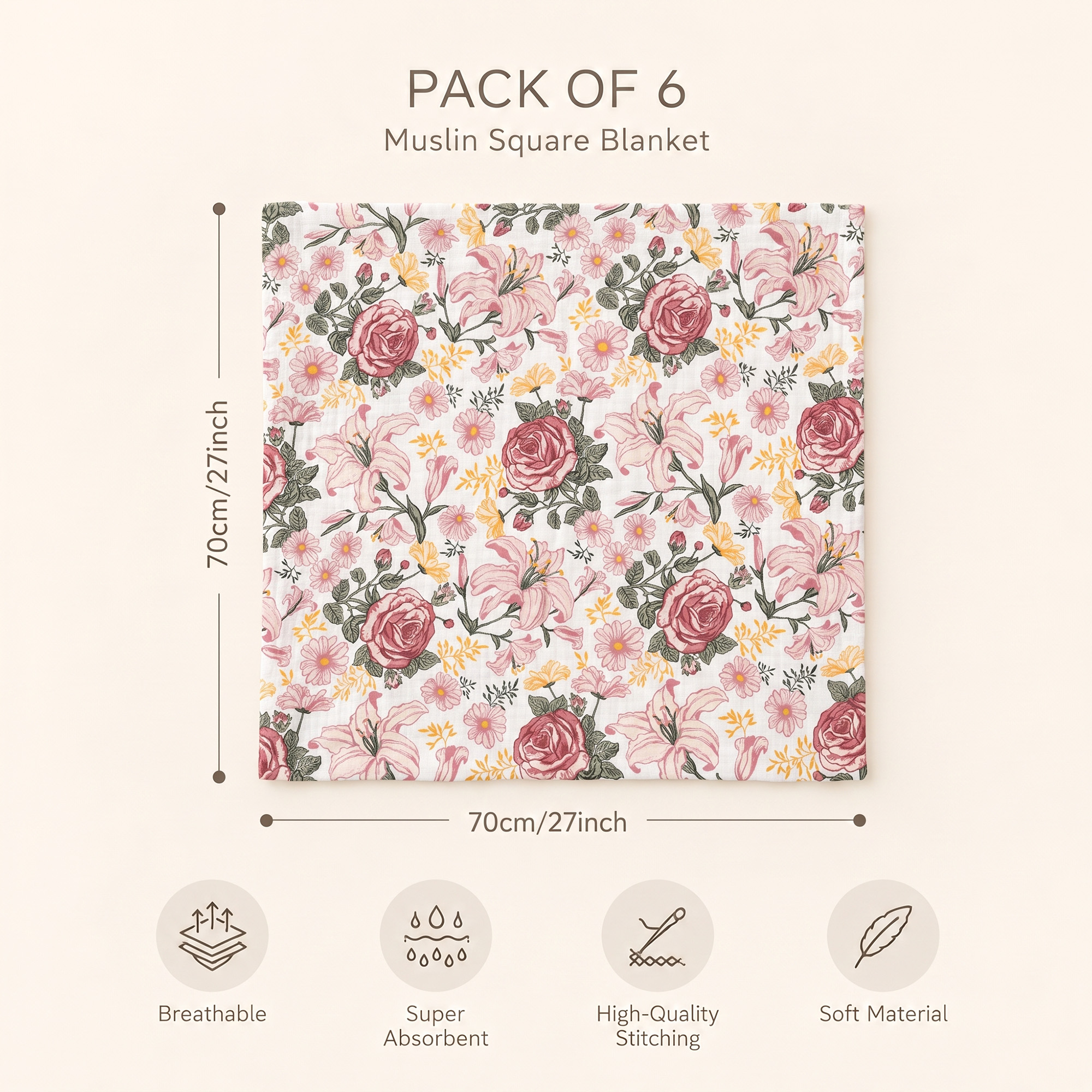 Muslin Swaddle Blankets 6-Pack | 27x27" | Vintage Rose Serenade