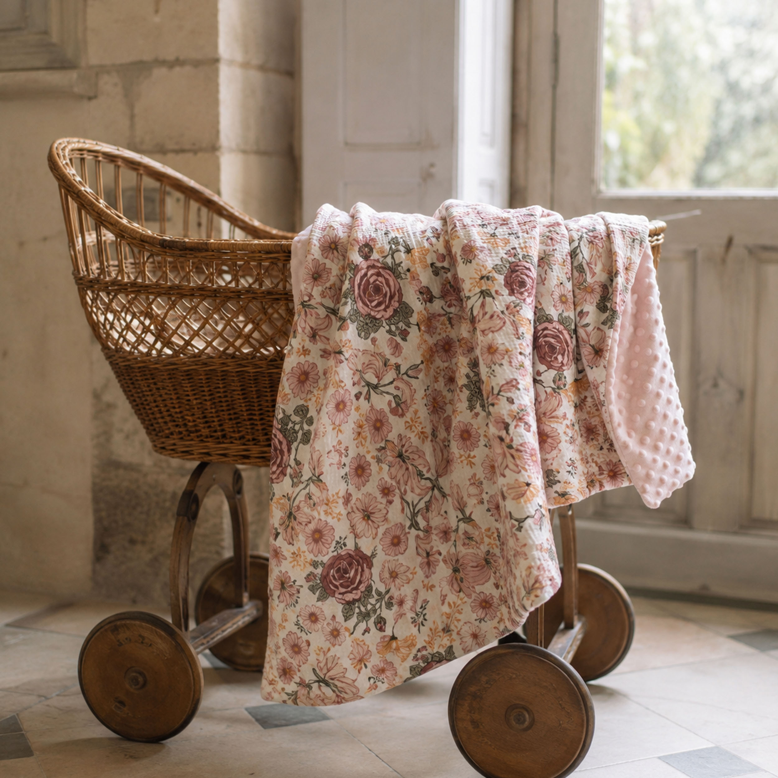 Vintage Rose Serenade | Muslin and Fleece Plush Dot Blanket | 30''*40''