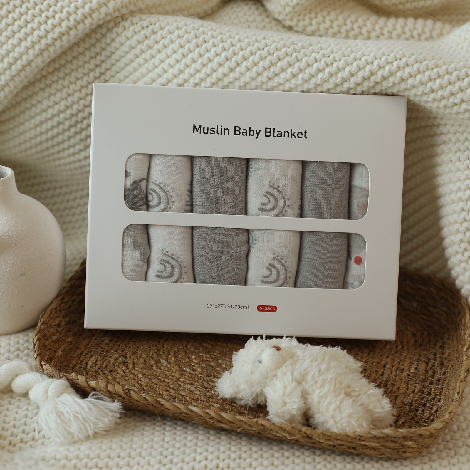 Muslin Swaddle Blankets 6-Pack, 27 X 27" - Baby Elephant