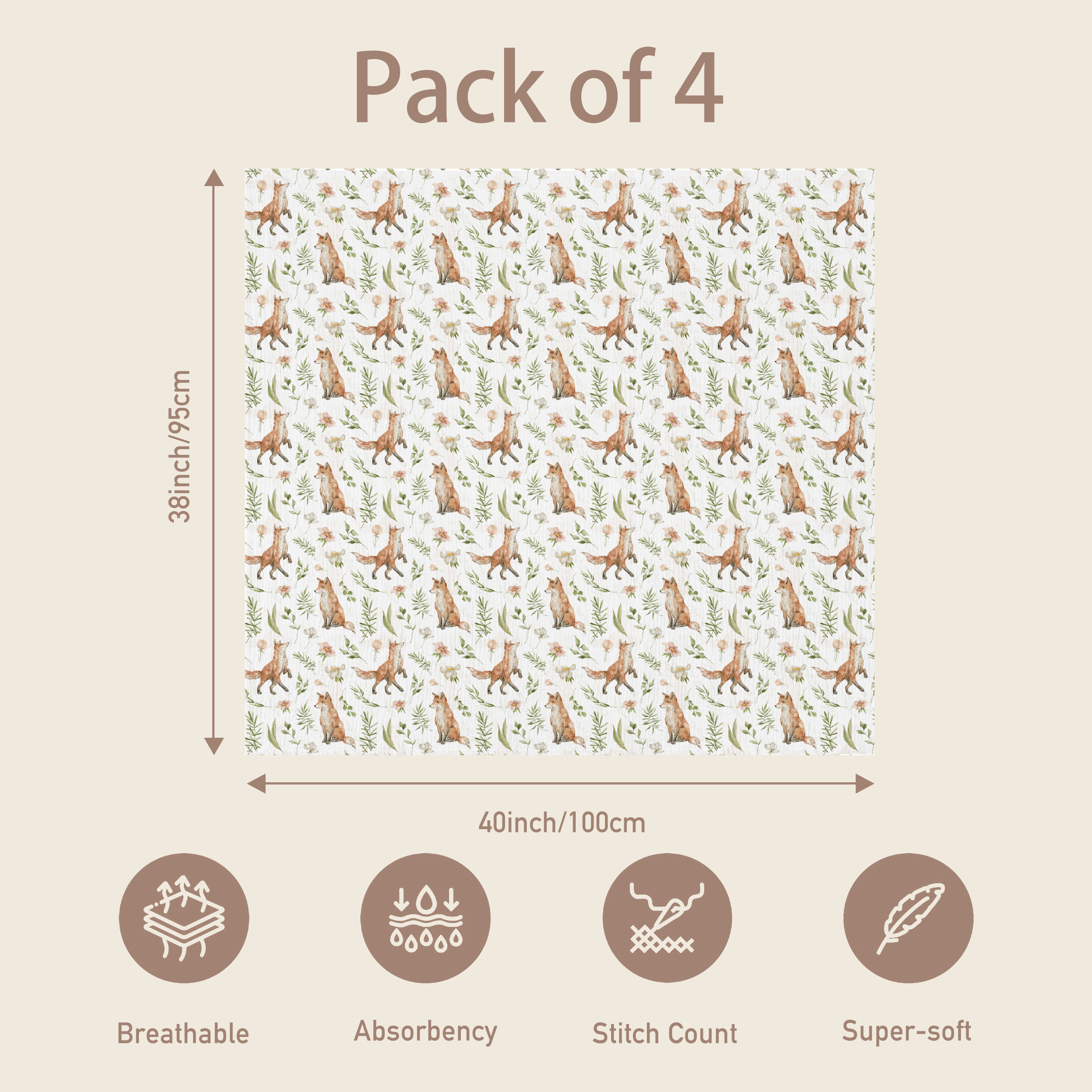 Muslin Swaddle Blankets 4-Pack | 38"x40" | Forest Fox Meadow