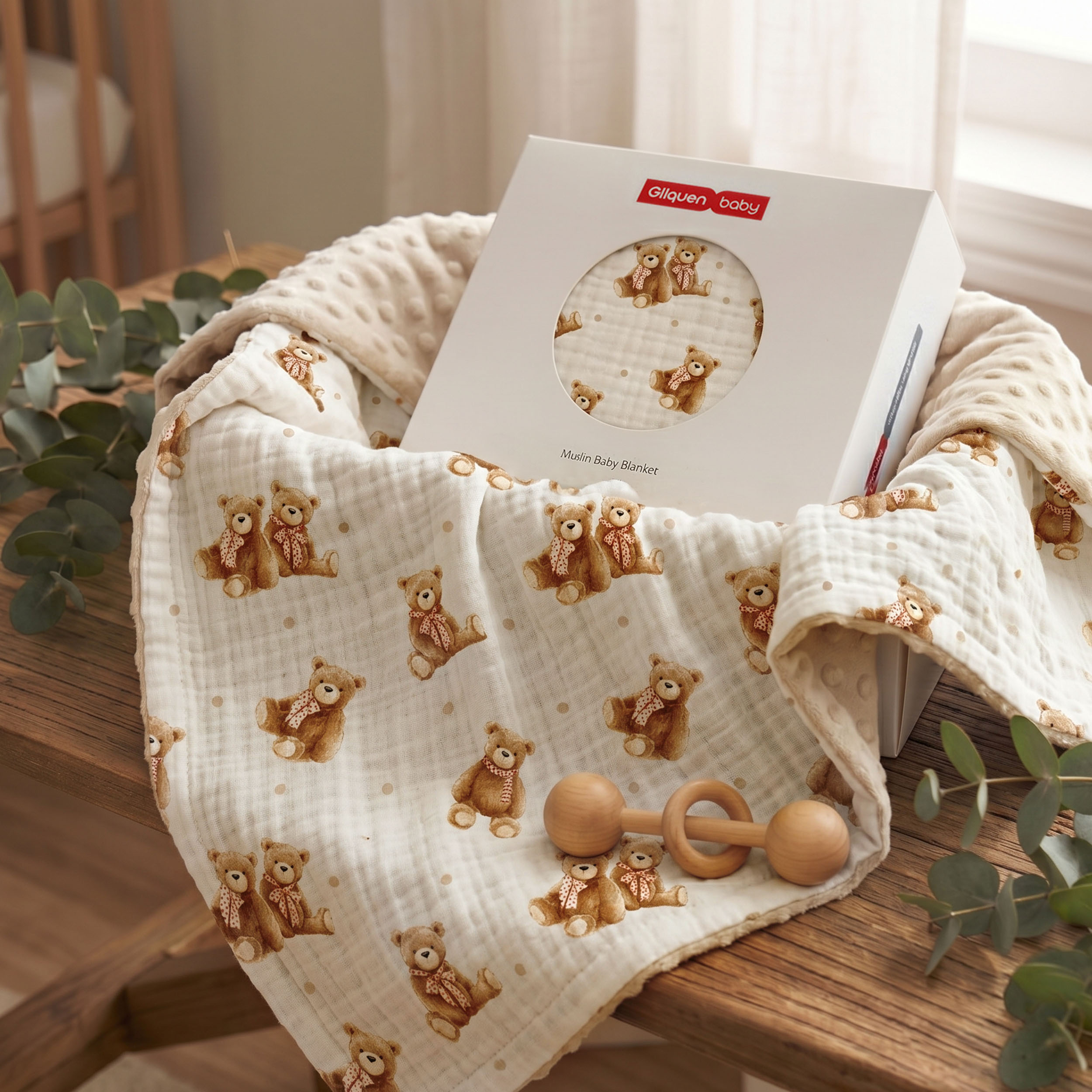 Creamy Ribbon Teddy | Muslin and Fleece Plush Dot Blanket | 30''*40''