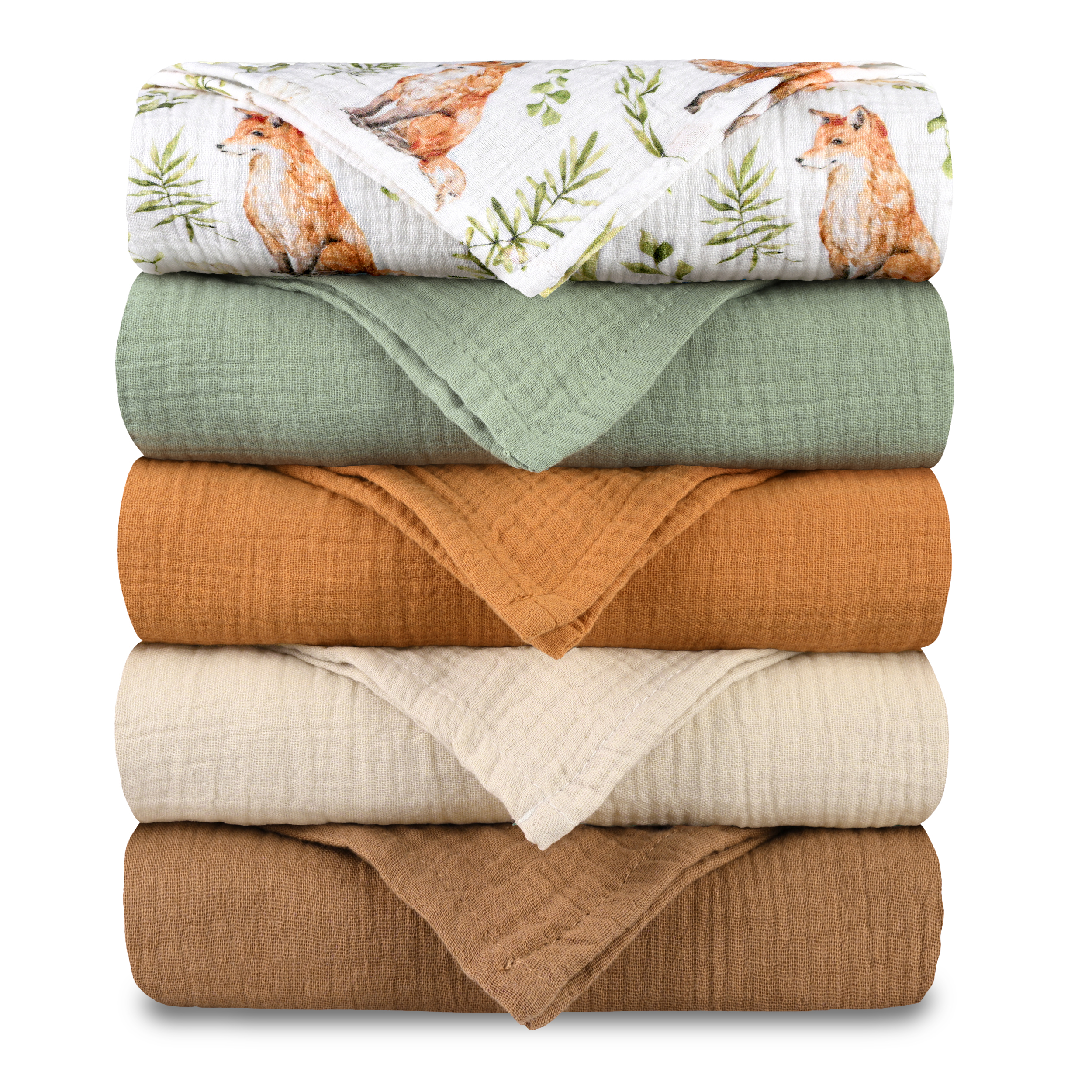 Muslin Swaddle Blankets 5-Pack, 23.5"x23.5" - Forest Fox Meadow